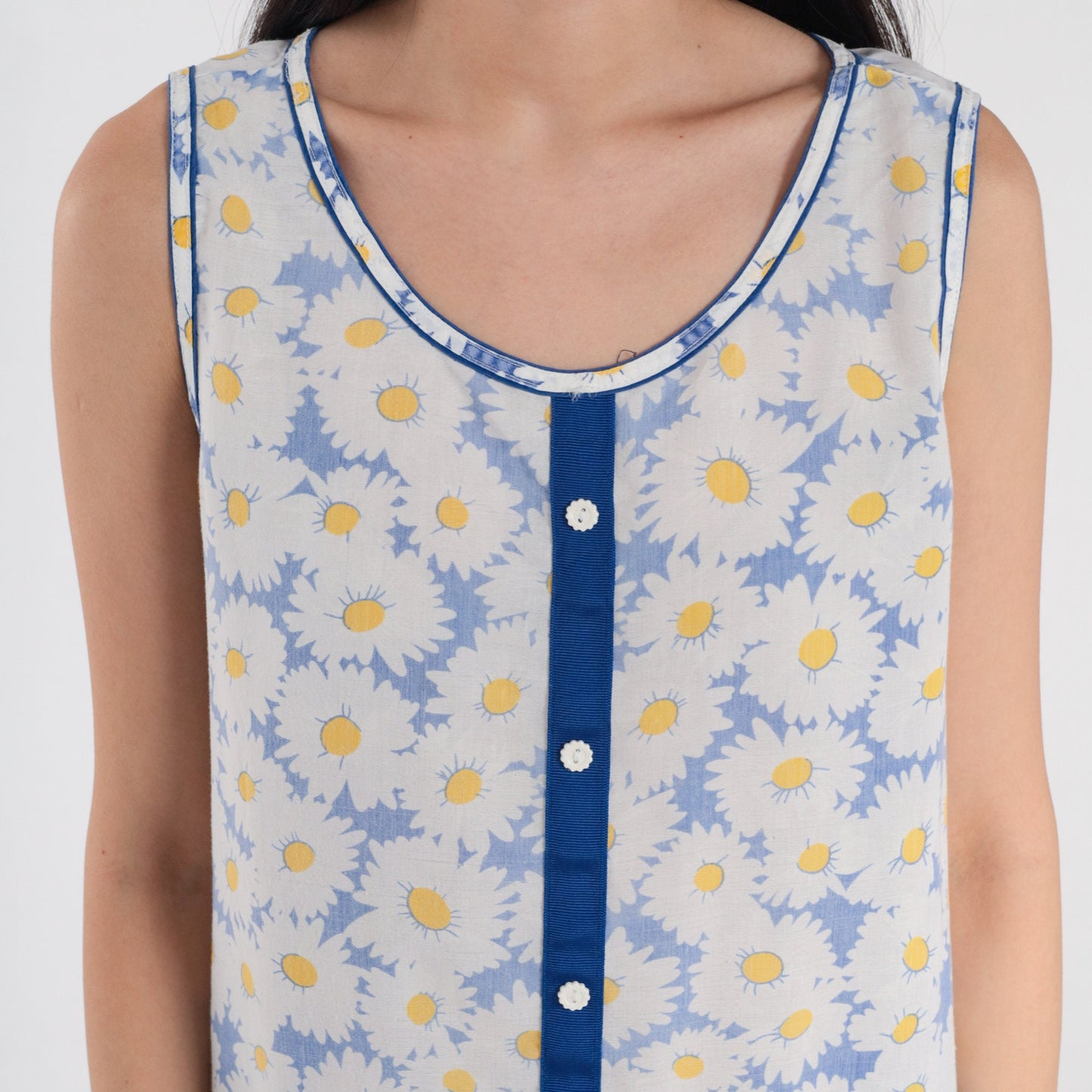 80s Floral Daisy Print Midi Dress Drop Waist Sleeveless Blue White Medium M