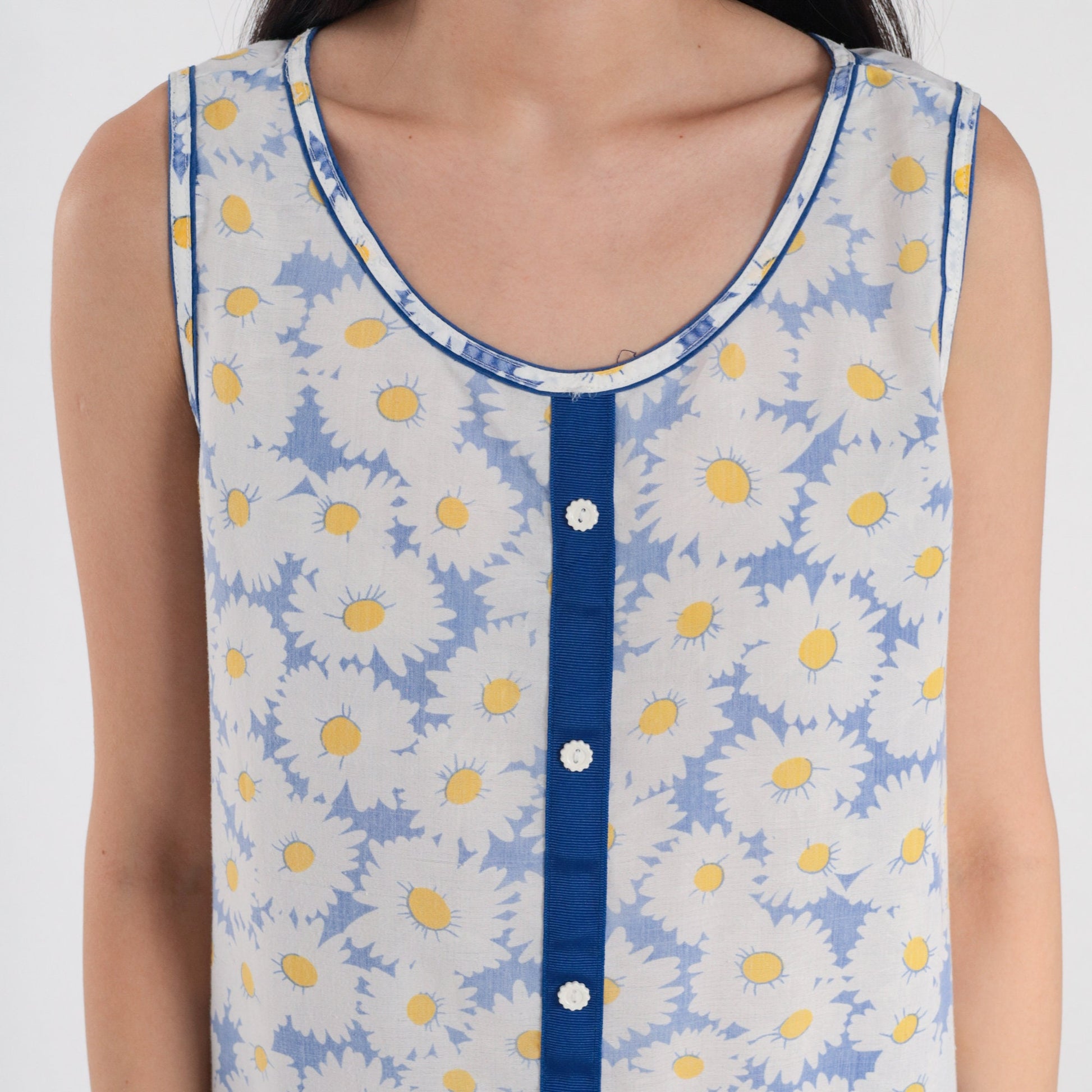 80s Floral Daisy Print Midi Dress Drop Waist Sleeveless Blue White Medium M
