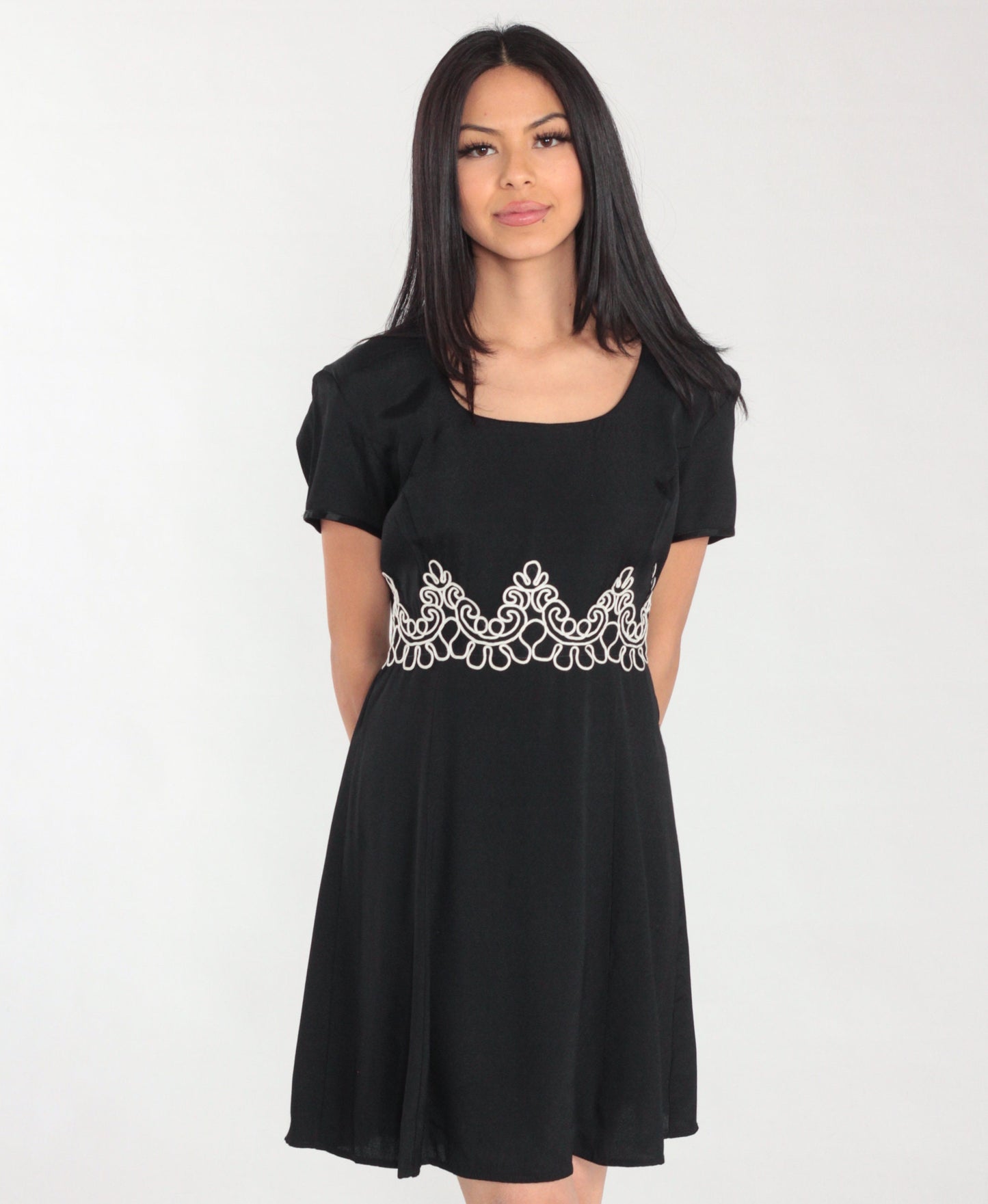 90s Black Mini Dress Soutache Trim Short Sleeve Shift Medium M