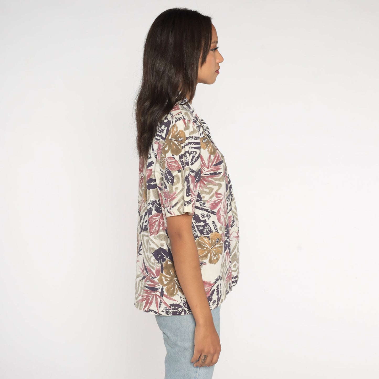 80s Tropical Floral Button-Up Blouse Off-White Purple Short Sleeve Cotton Large