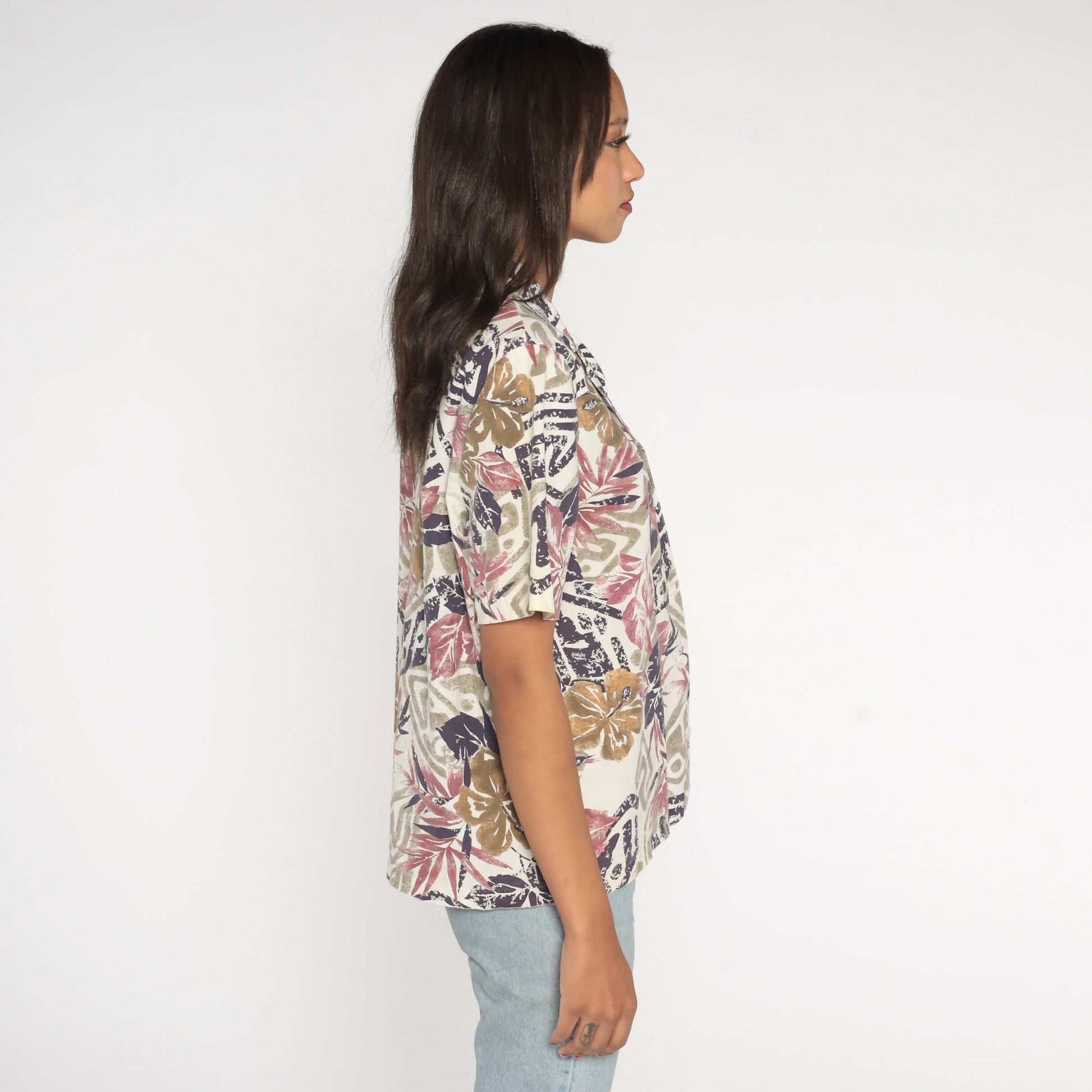 80s Tropical Floral Button-Up Blouse Off-White Purple Short Sleeve Cotton Large