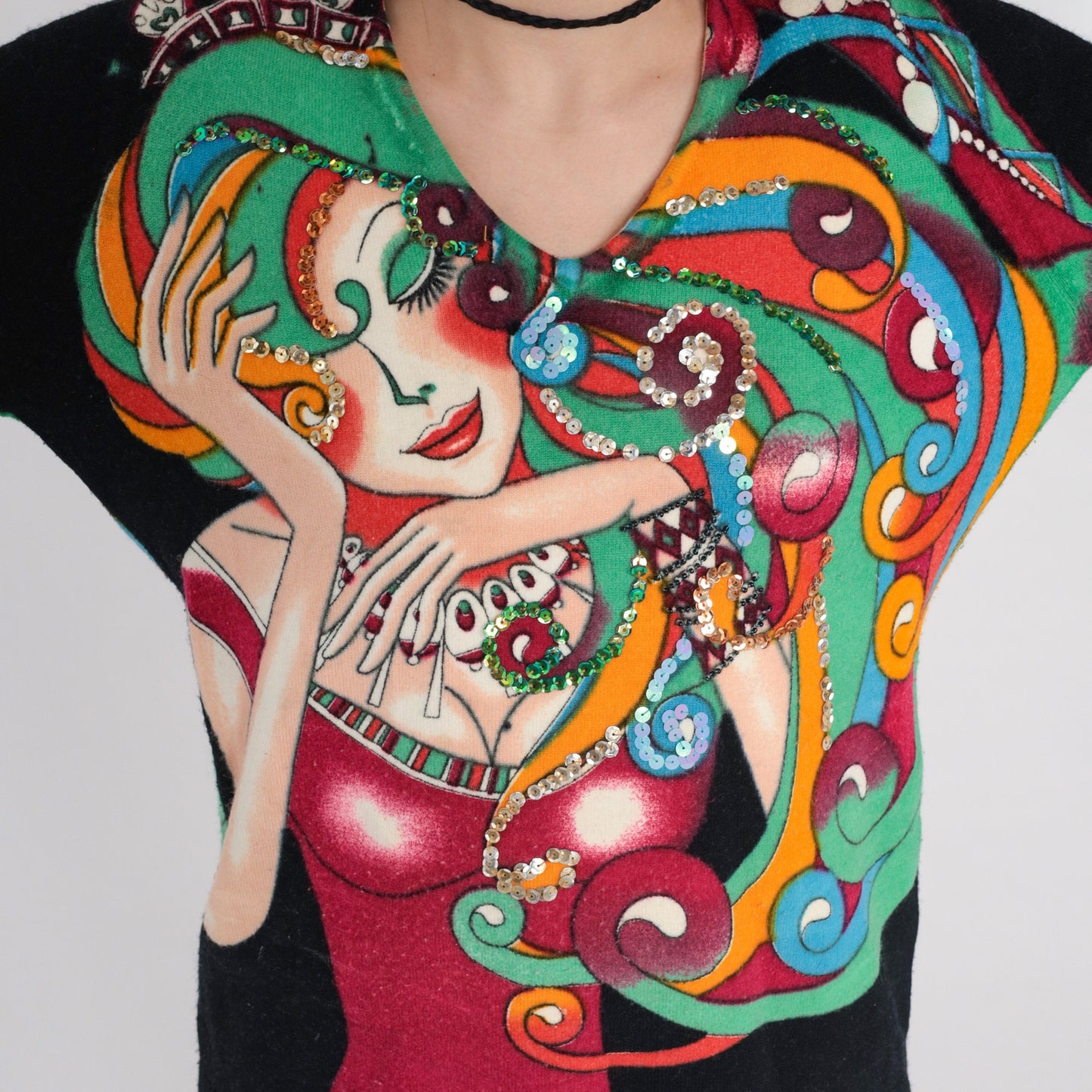 00s Sequin Fantasy Woman Graphic Pullover Sweater Black Medium M