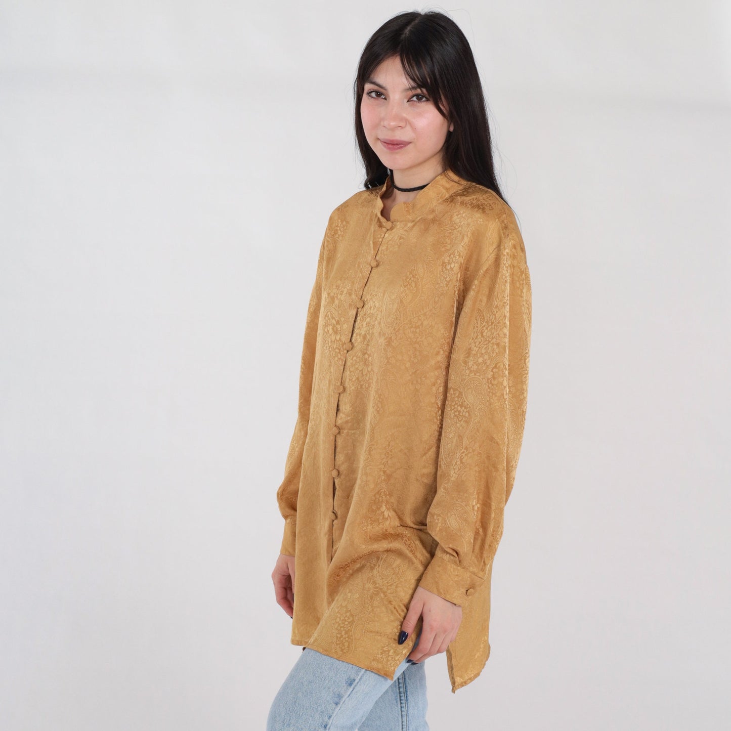90s Gold Silk Tunic Blouse Embossed Paisley Floral Button-Up Long Sleeve Large L