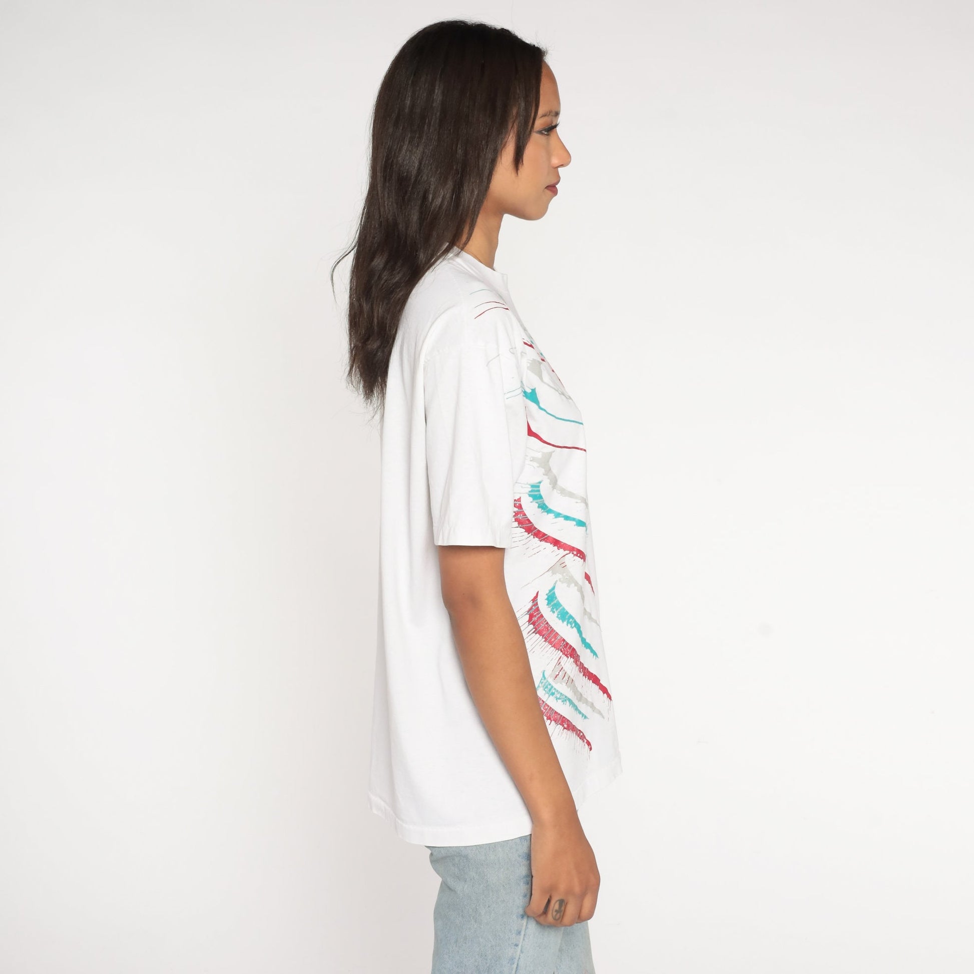 90s Painted Rose Graphic T-Shirt Floral Print White Cotton Medium Large