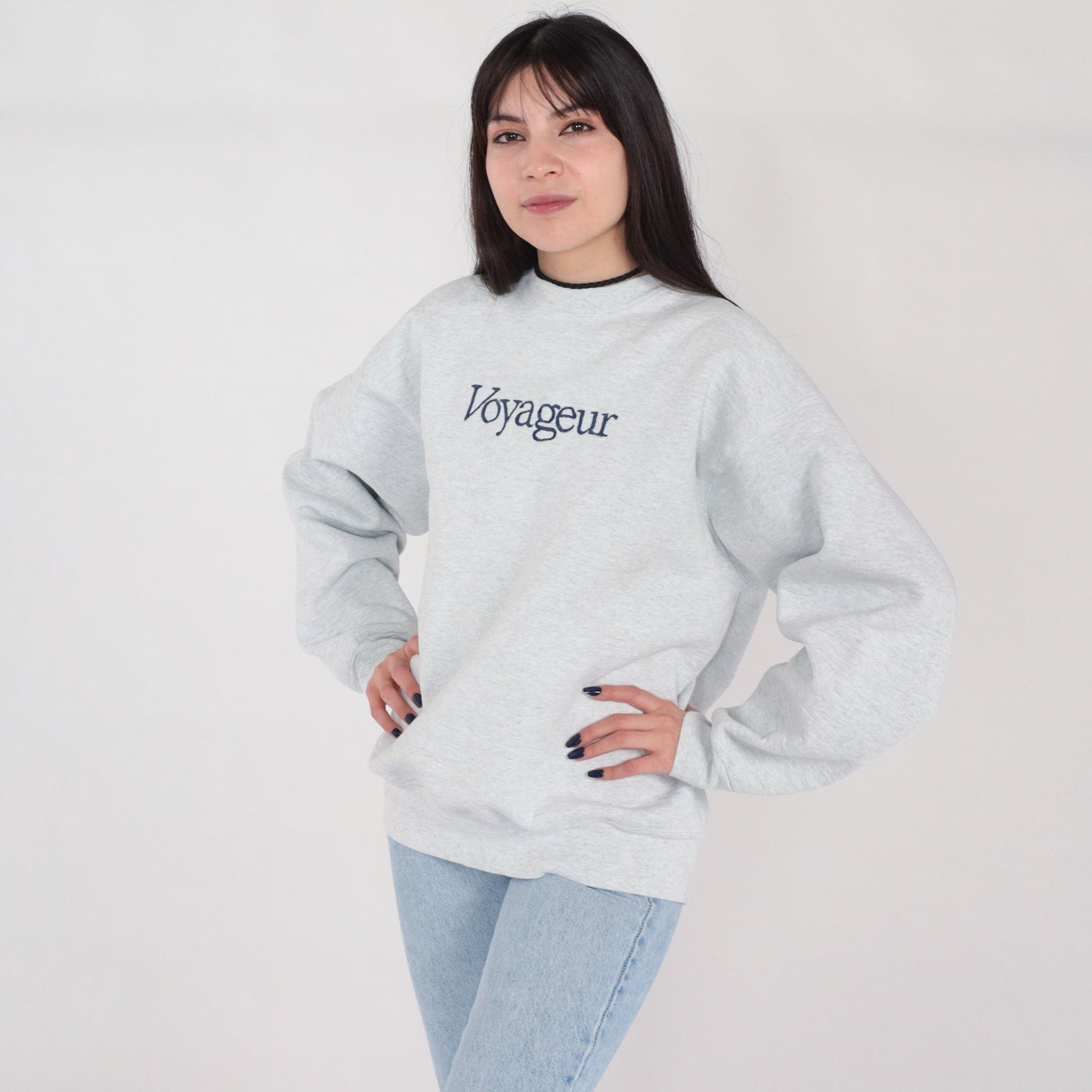 90s Voyageur Embroidered Sweatshirt Heather Grey Crewneck Pullover Large L