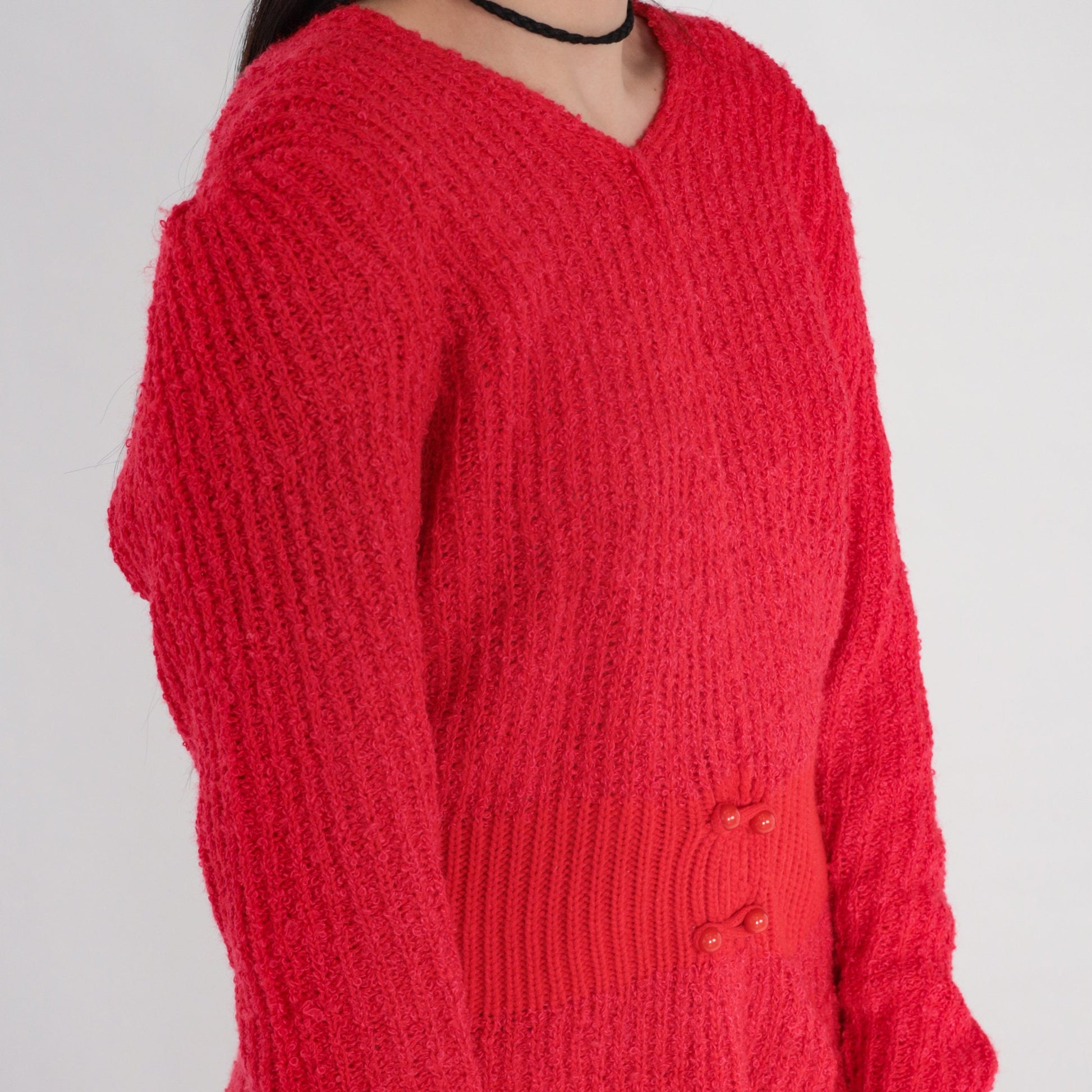80s Red Ribbed Knit V-Neck Sweater Button Waist Medium
