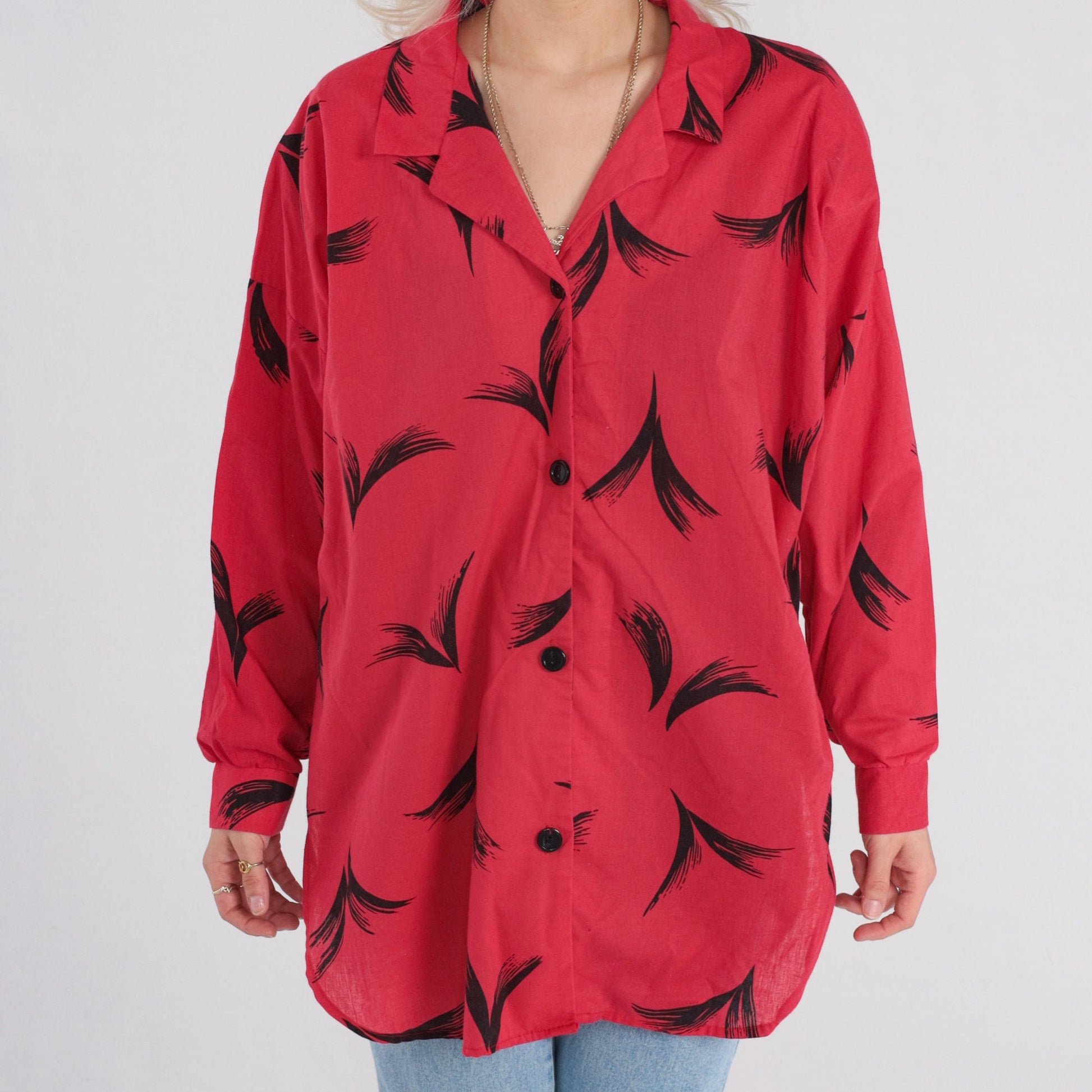 90s Red Button Up Blouse Black Abstract Feather Print Long Sleeve Extra Large