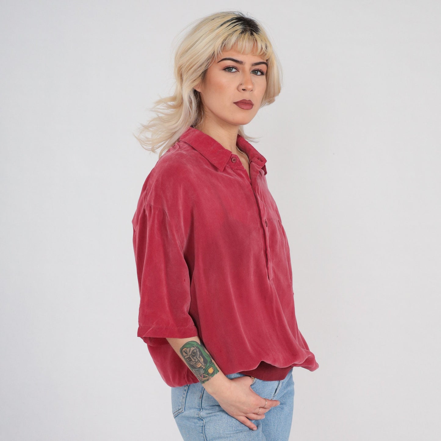 90s Red Polo Shirt Silky Rayon Half Button Collared XL