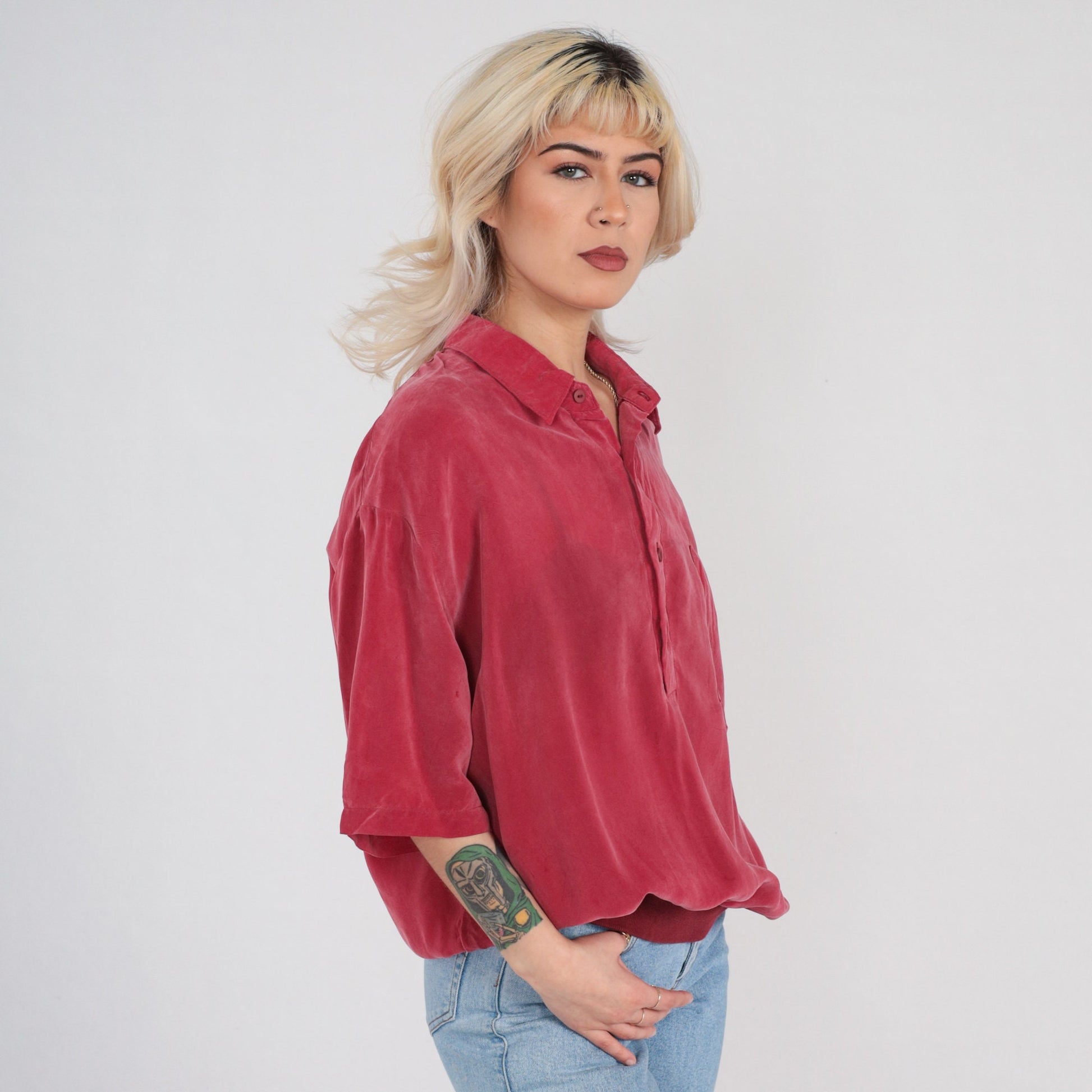 90s Red Polo Shirt Silky Rayon Half Button Collared XL
