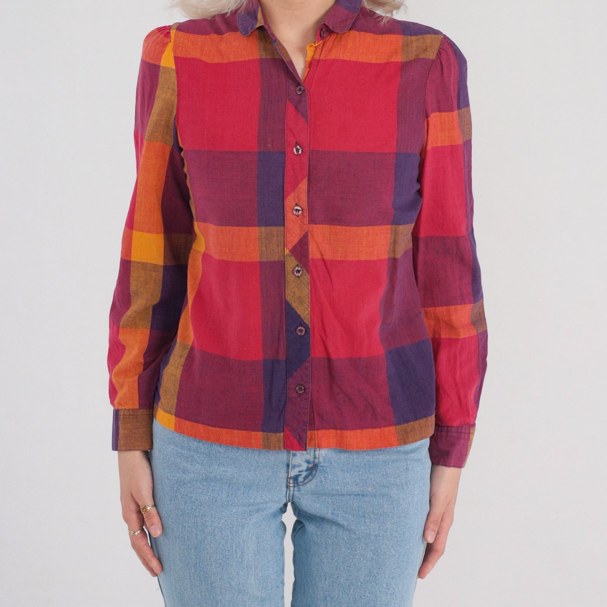 80s Checkered Cotton Puff Sleeve Button-Up Blouse Red Yellow Purple Extra Small