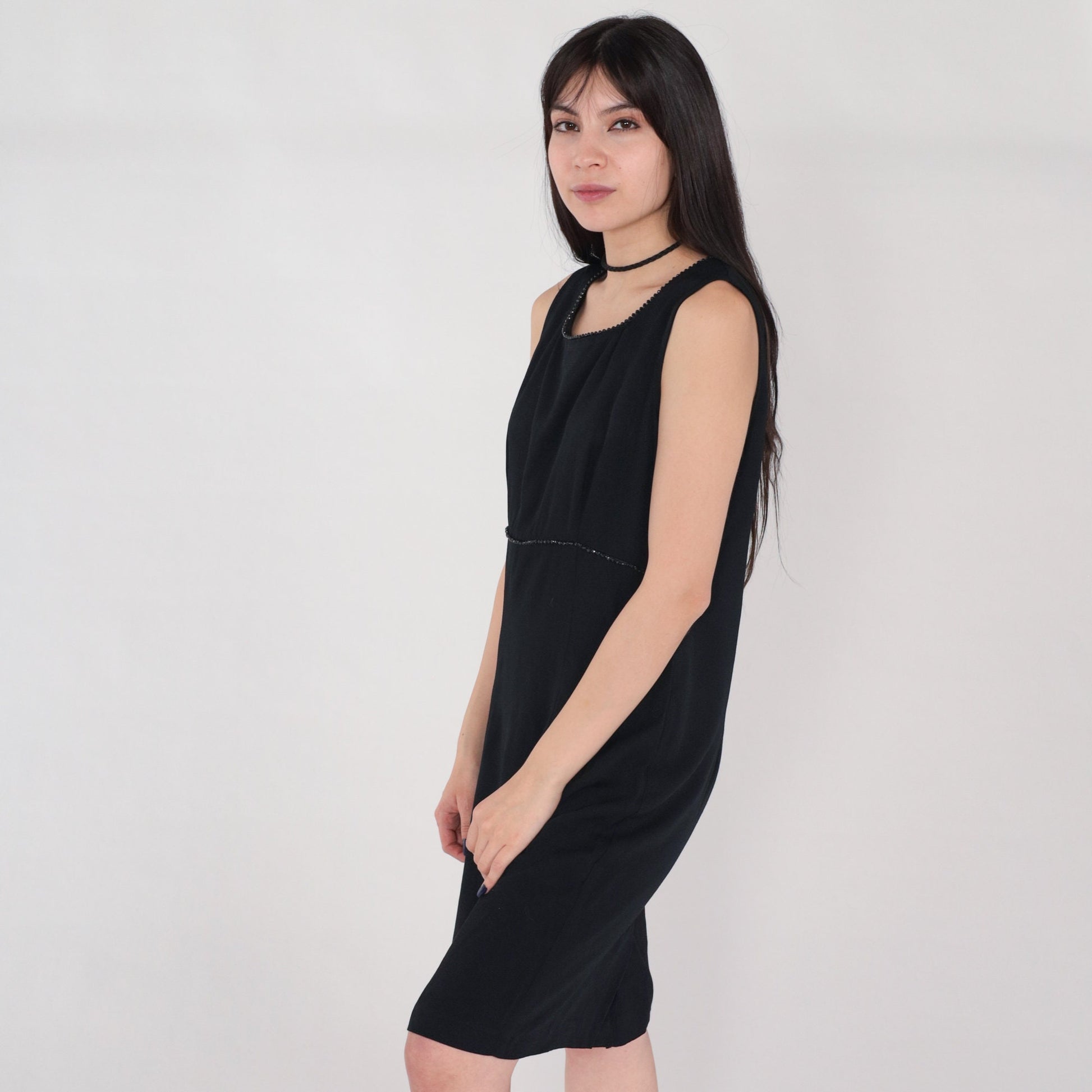 90s Black Mini Dress Beaded Sheath Sleeveless Rear Zip Medium 10