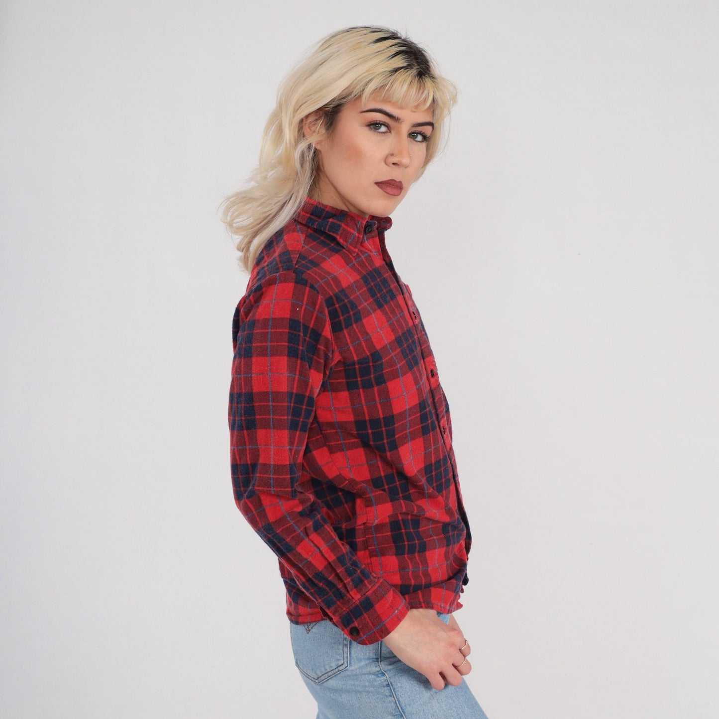 90s Red Plaid Flannel Button-Up Shirt Long Sleeve Small S