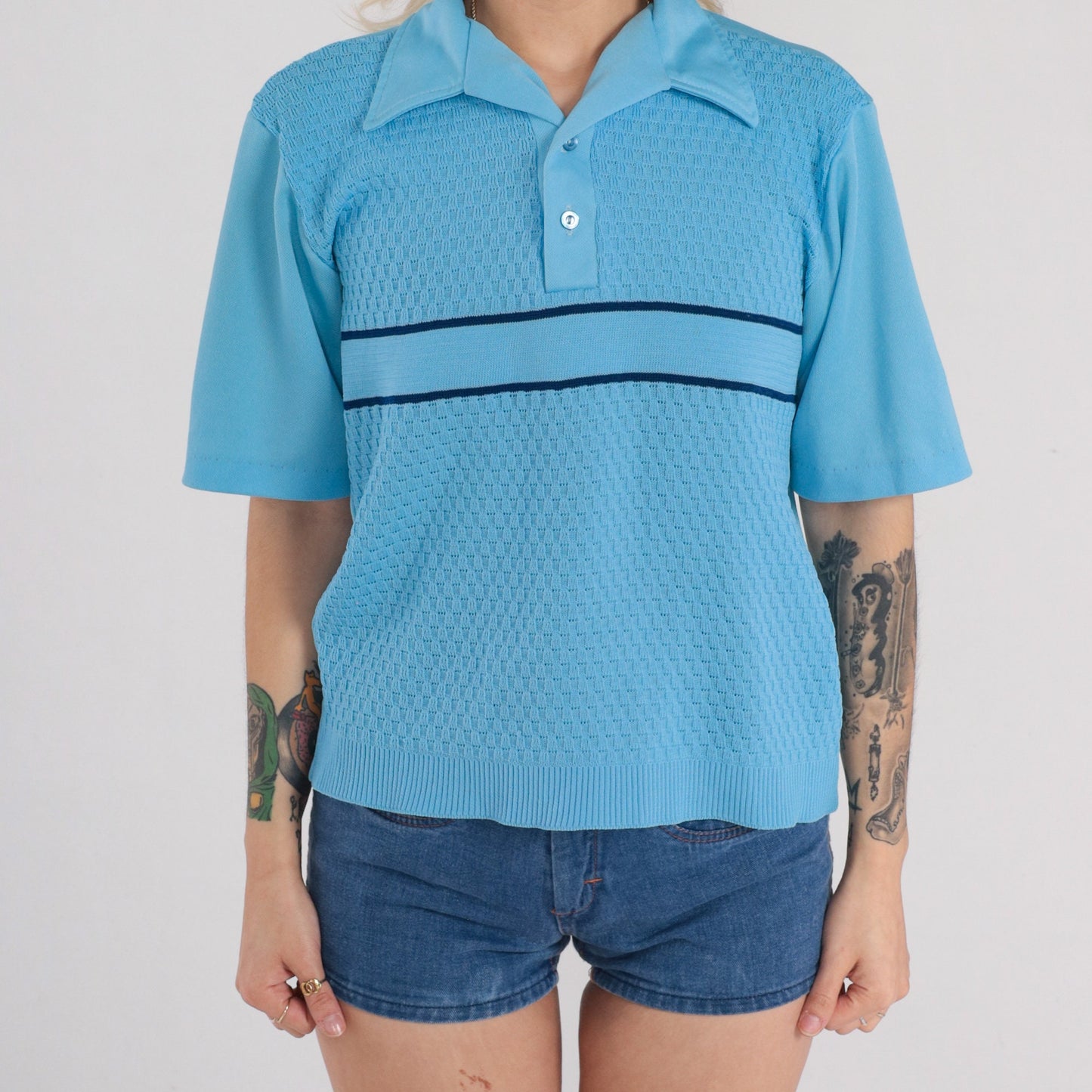 70s Blue Striped Polo Shirt Basket Weave Collared Short Sleeve Medium