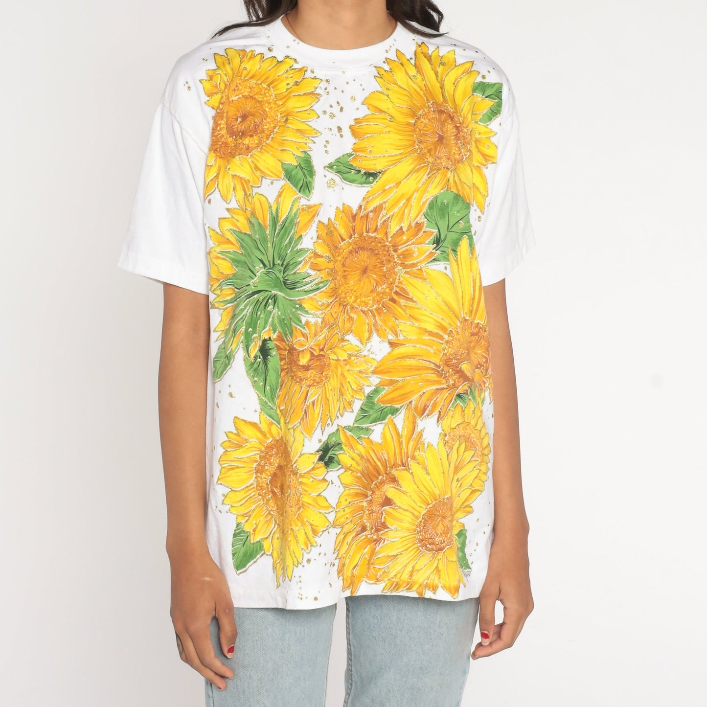 90s Sunflower Glitter Graphic T-Shirt White Cotton Tee Small