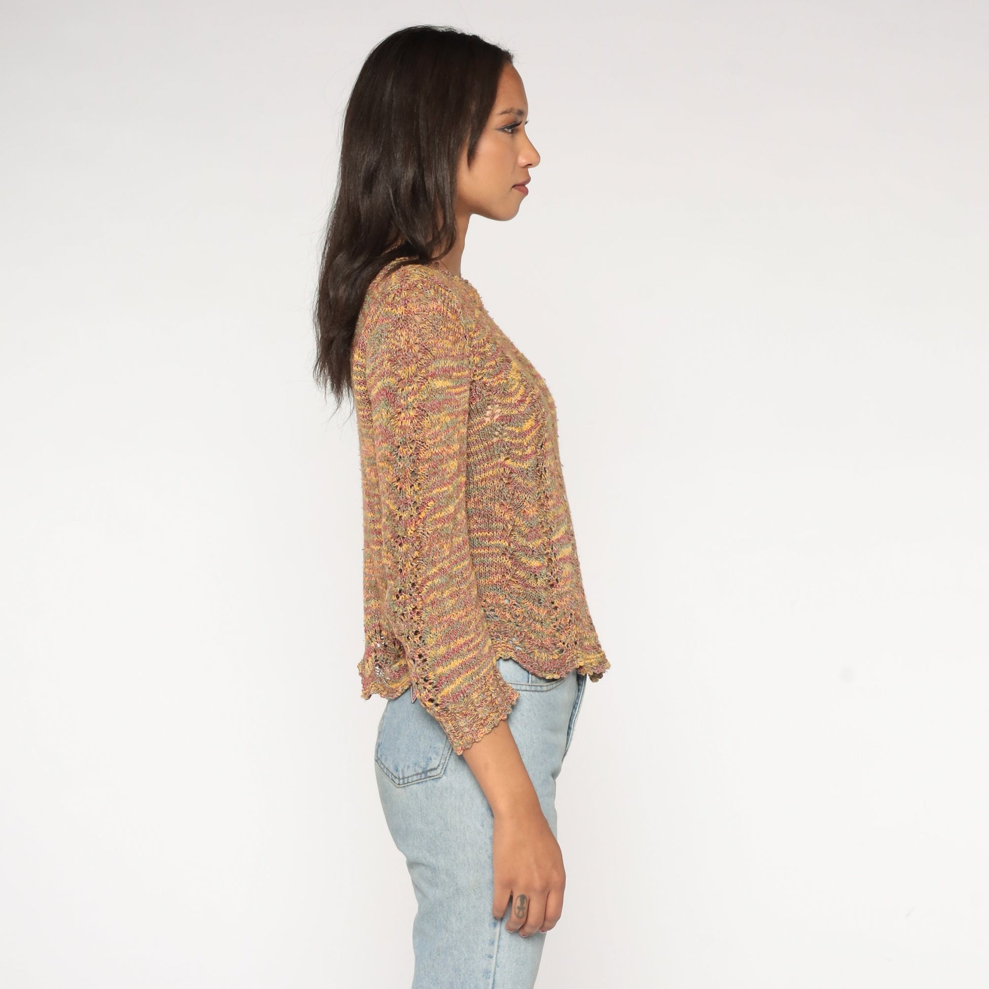 00s Space Dye Open Weave Pointelle Sweater Cut Out Knit Small