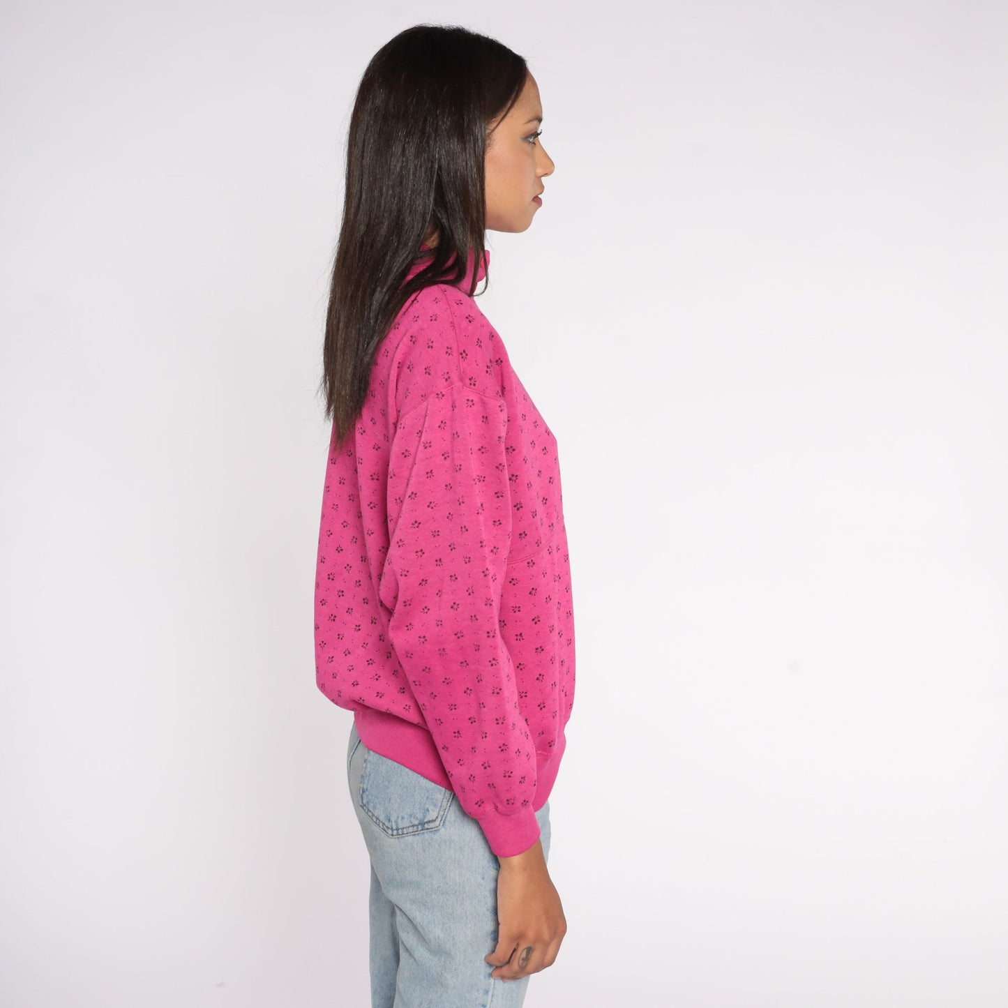 80s Floral All Over Print Sweatshirt Pink Mock Neck Medium