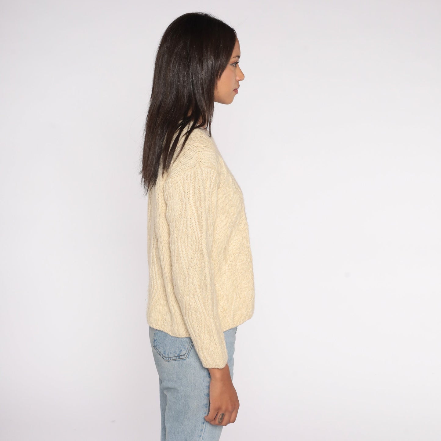 00s LL Bean Cream Wool Cable Knit Crewneck Sweater Extra Small XS