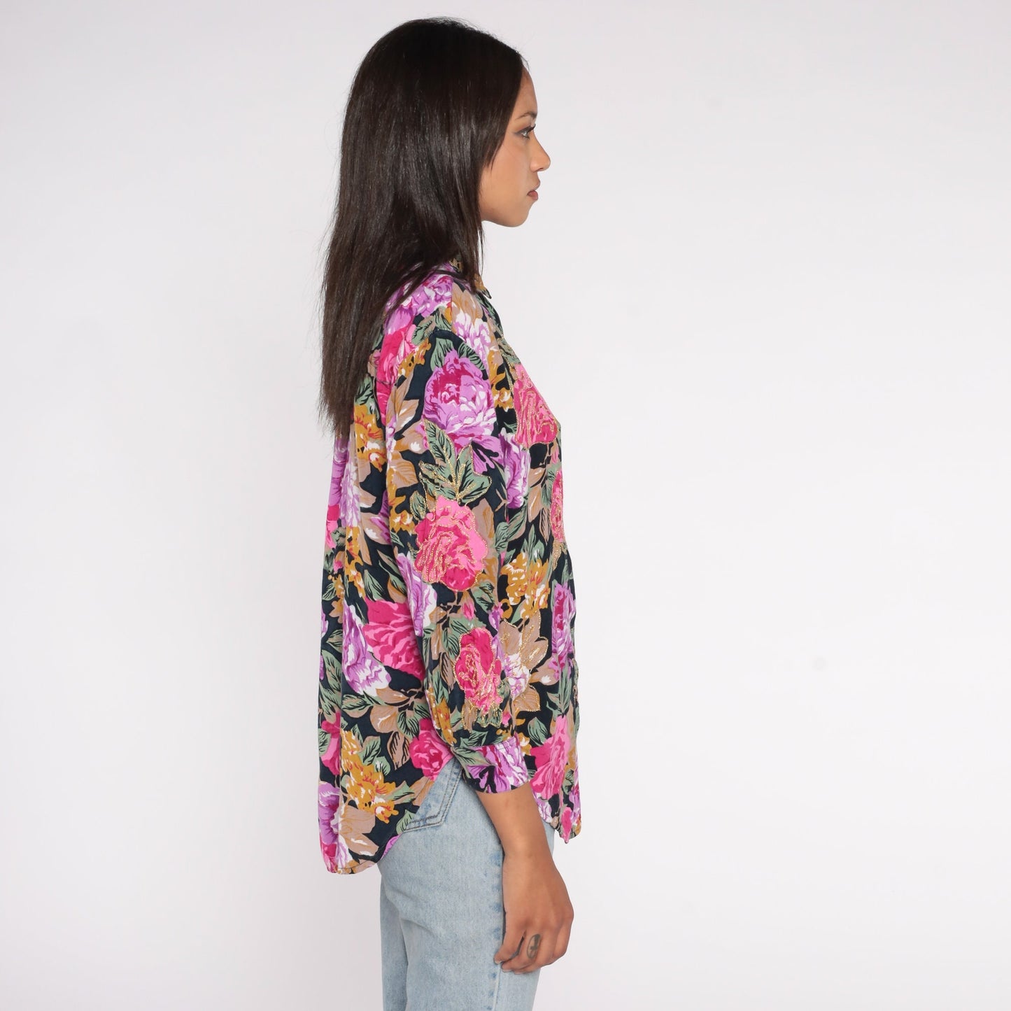 90s Floral Button Up Blouse Metallic Gold Pink Purple Rayon Small