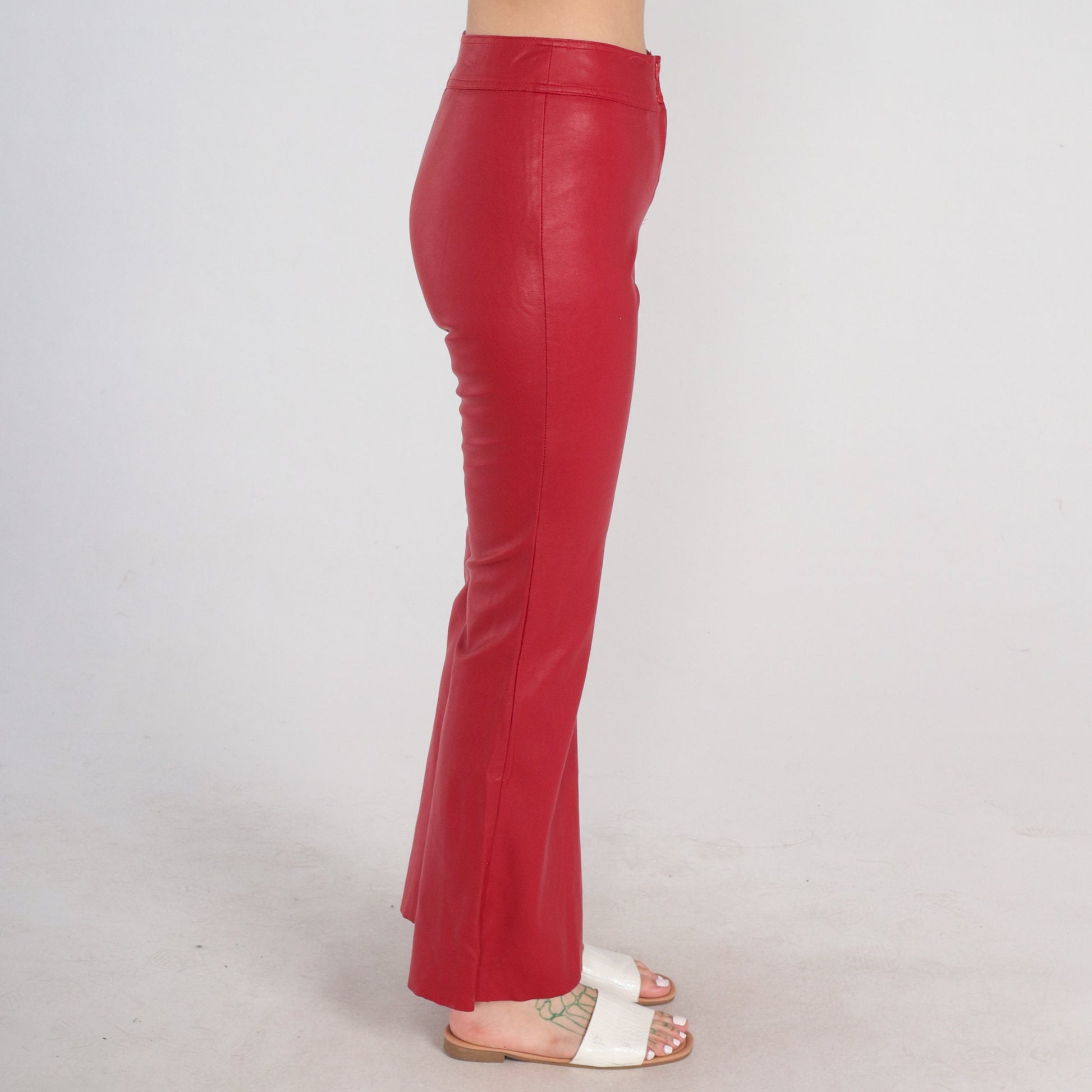 90s Red Vinyl Bell Bottom Pants Flared Trousers Mid Rise Small S