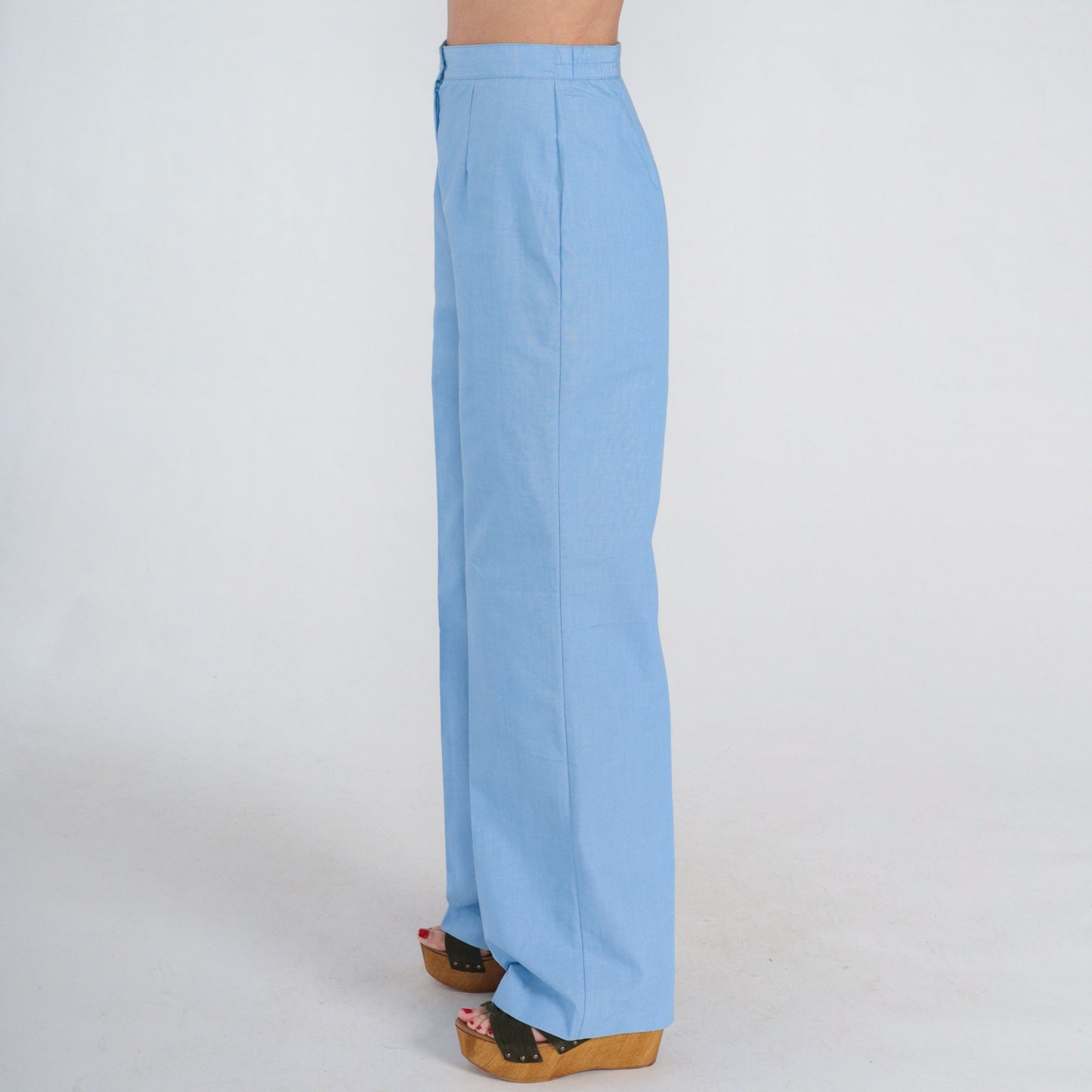 70s Blue High-Waisted Straight Leg Trousers Pleated Crease Small