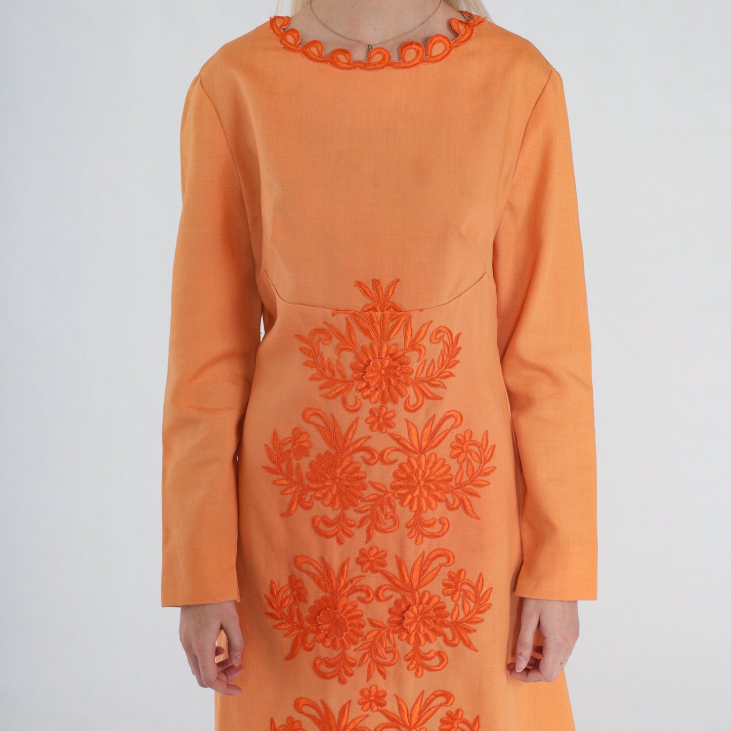 70s Orange Floral Embroidered Maxi Dress Empire Waist Long Sleeve Small