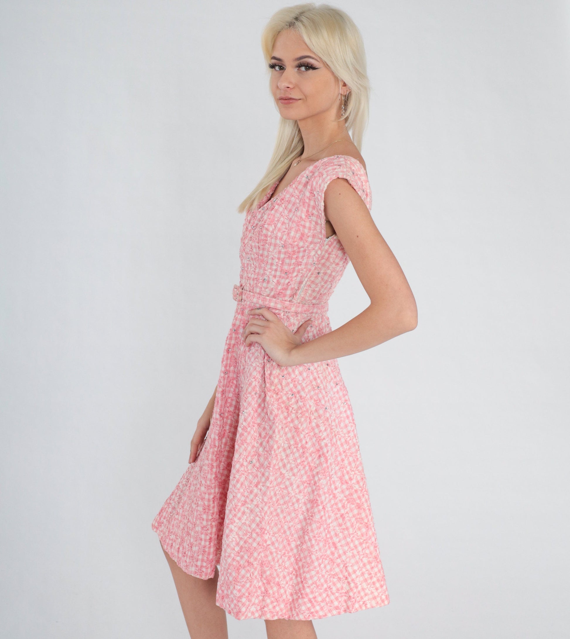 1950s Pink Gingham Mini Dress Rhinestone Cap Sleeve V Neck High Waist Small