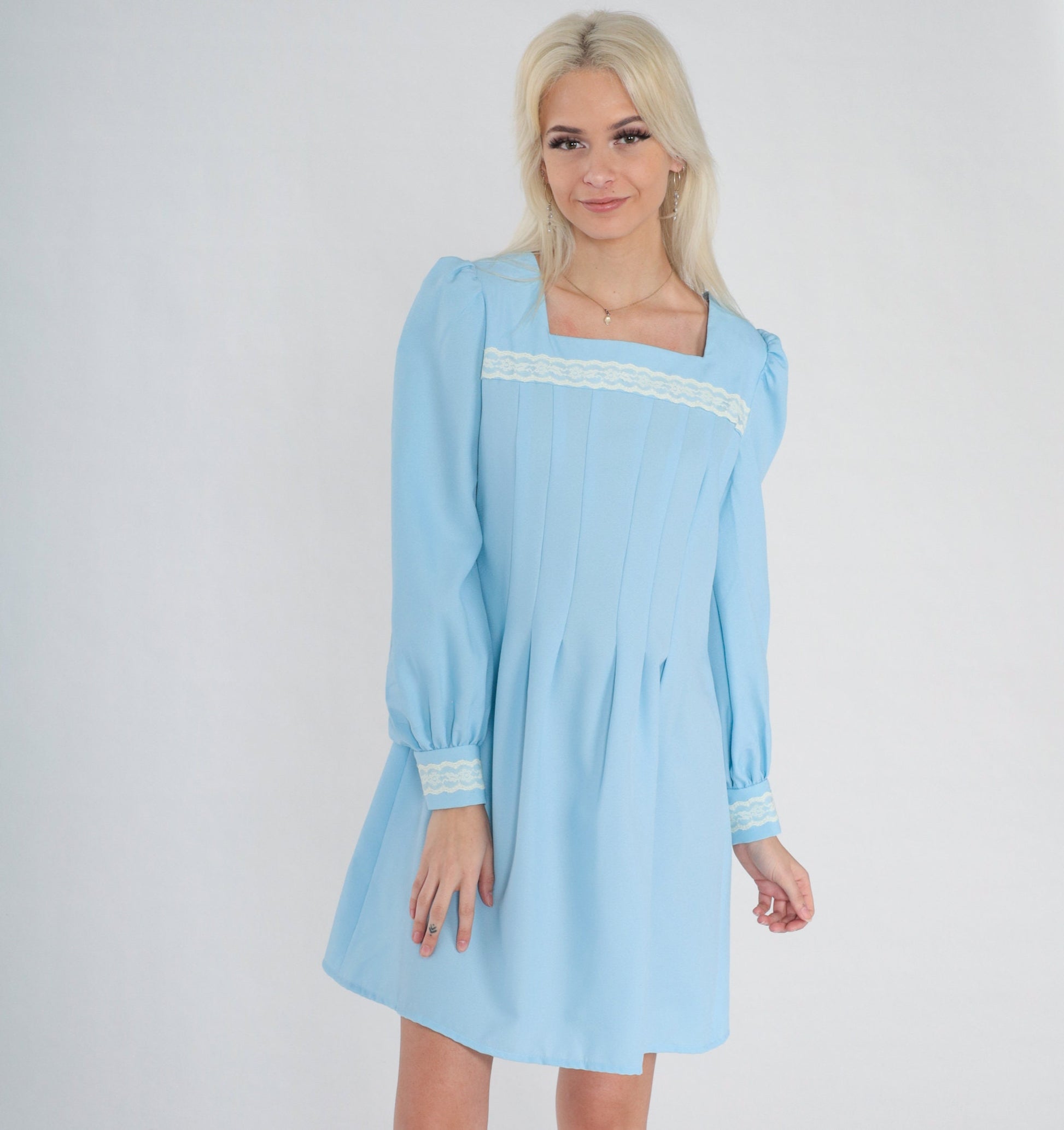 70s Blue Mini Dress Puff Sleeve Pleated Lace Trim Small