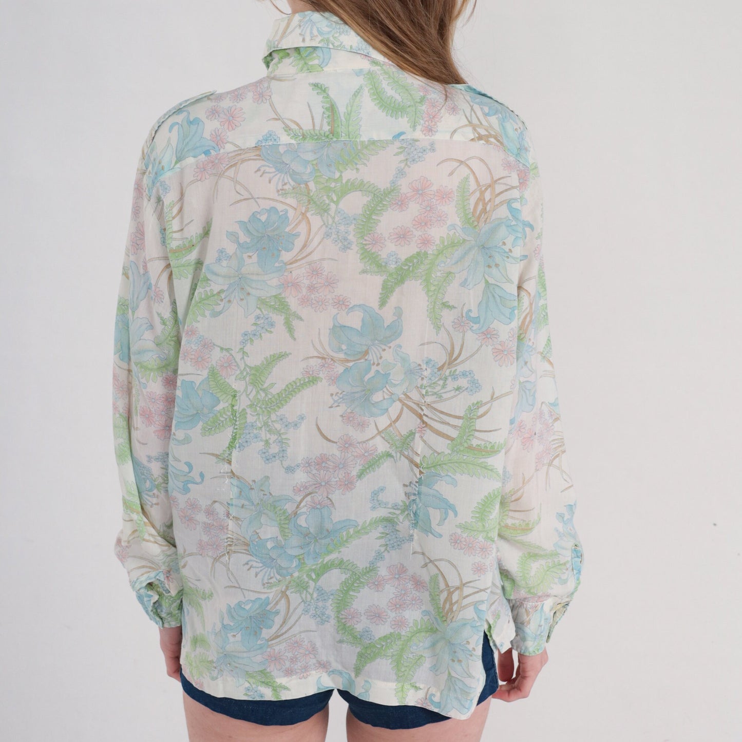 70s Botanical Floral Button-Up Shirt Fern Leaf Print Long Sleeve Large L