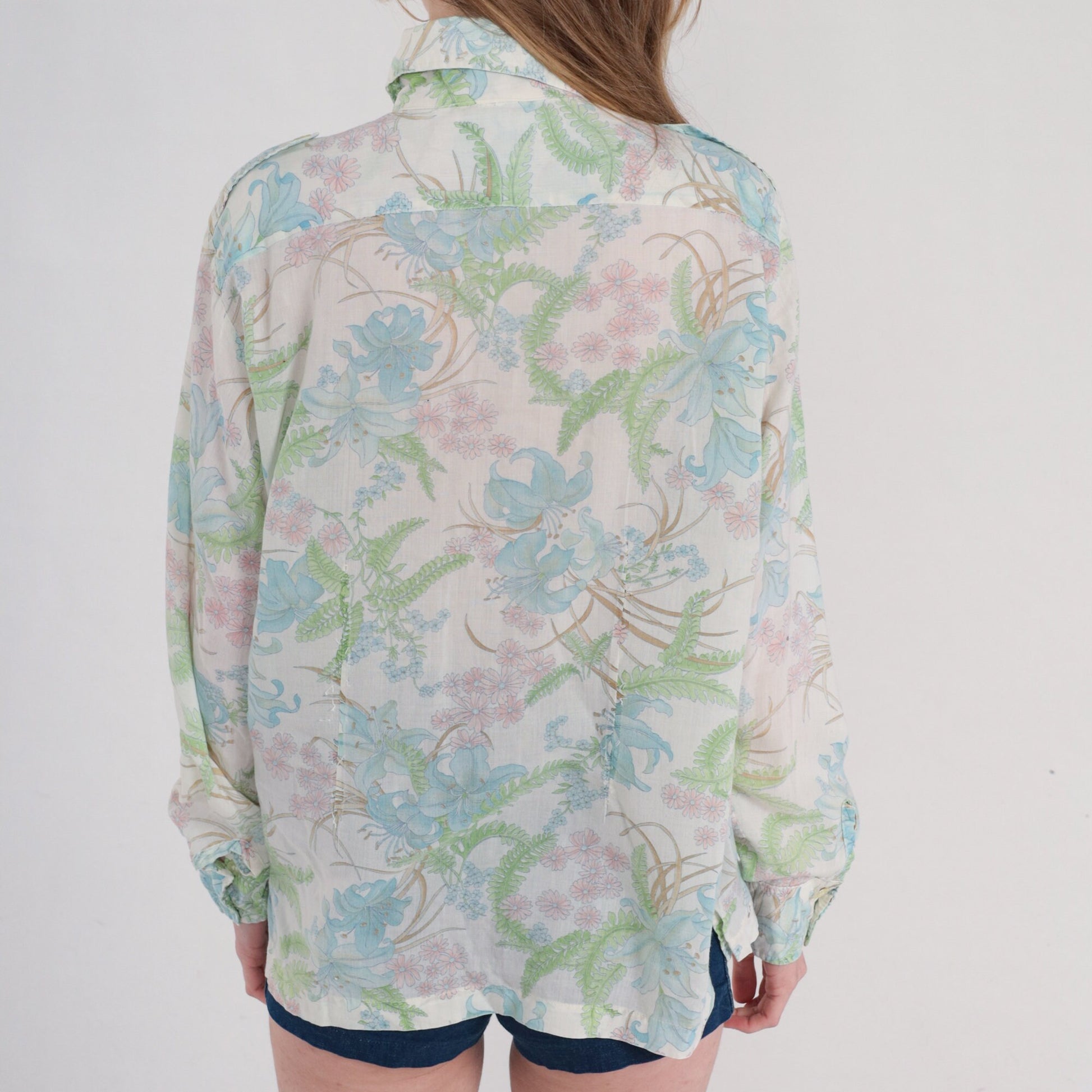 70s Botanical Floral Button-Up Shirt Fern Leaf Print Long Sleeve Large L