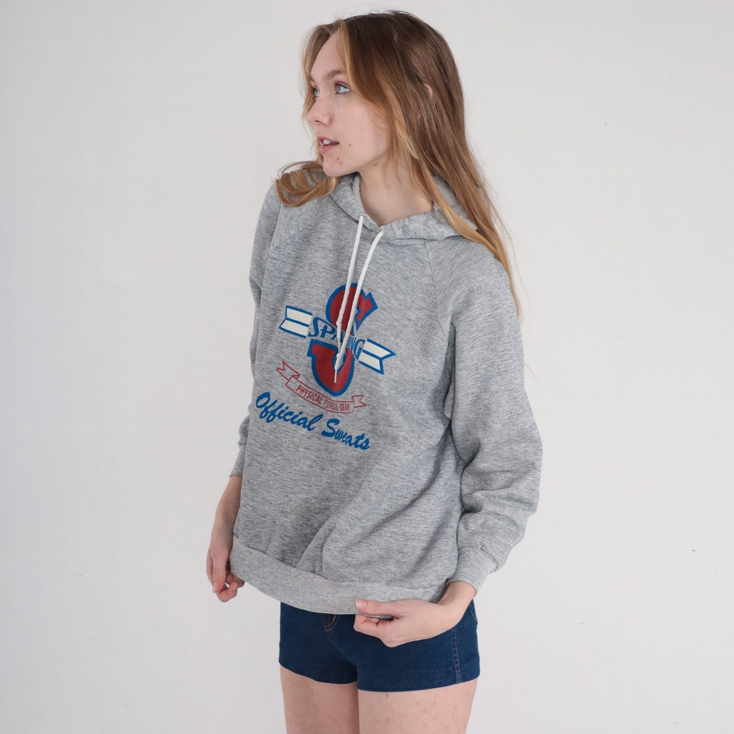 90s Spalding Hoodie Heather Grey Raglan Athletic Logo Pullover Medium