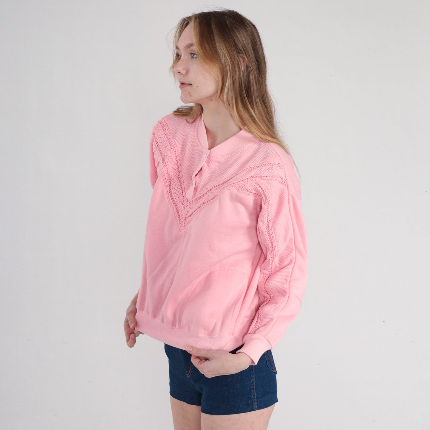 80s Pink Cable Knit Henley Sweatshirt Snap Pullover Small