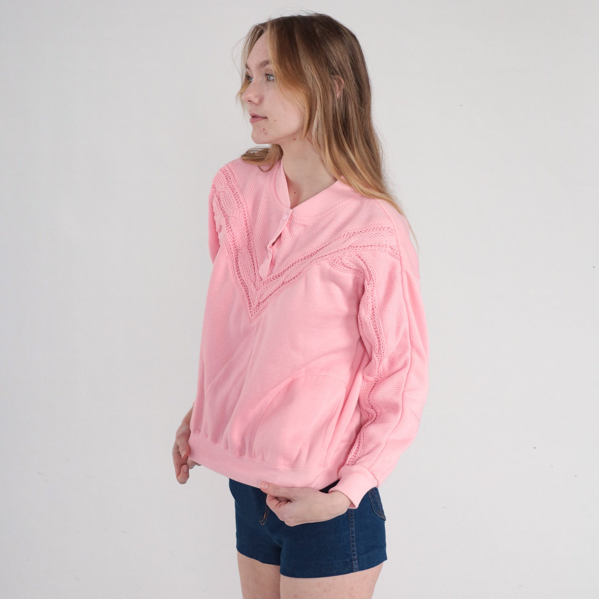 80s Pink Cable Knit Henley Sweatshirt Snap Pullover Small