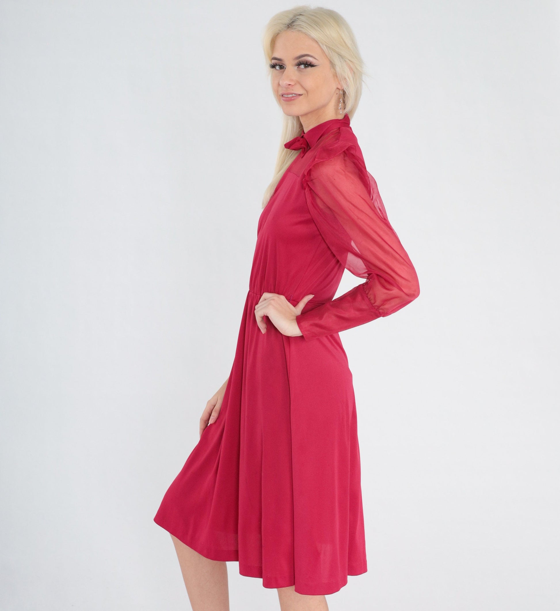 70s Raspberry Red Midi Dress Collared Bow Tie Ruffled Sheer Sleeve Extra Small