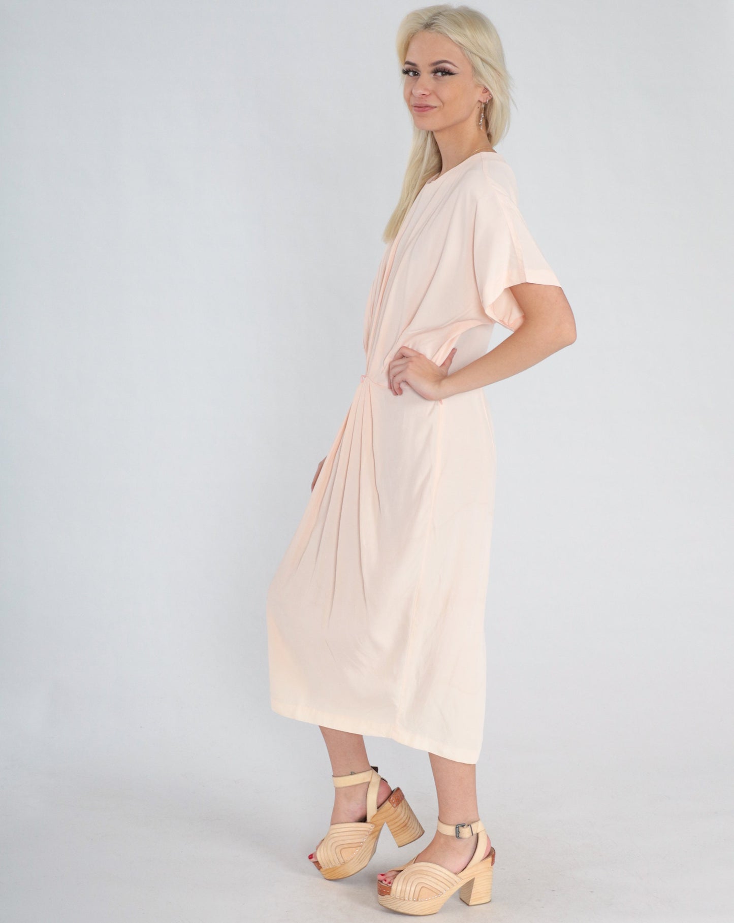 80s Pale Pink Pleated Midi Dress Short Sleeve Cocoon Acetate Medium Large