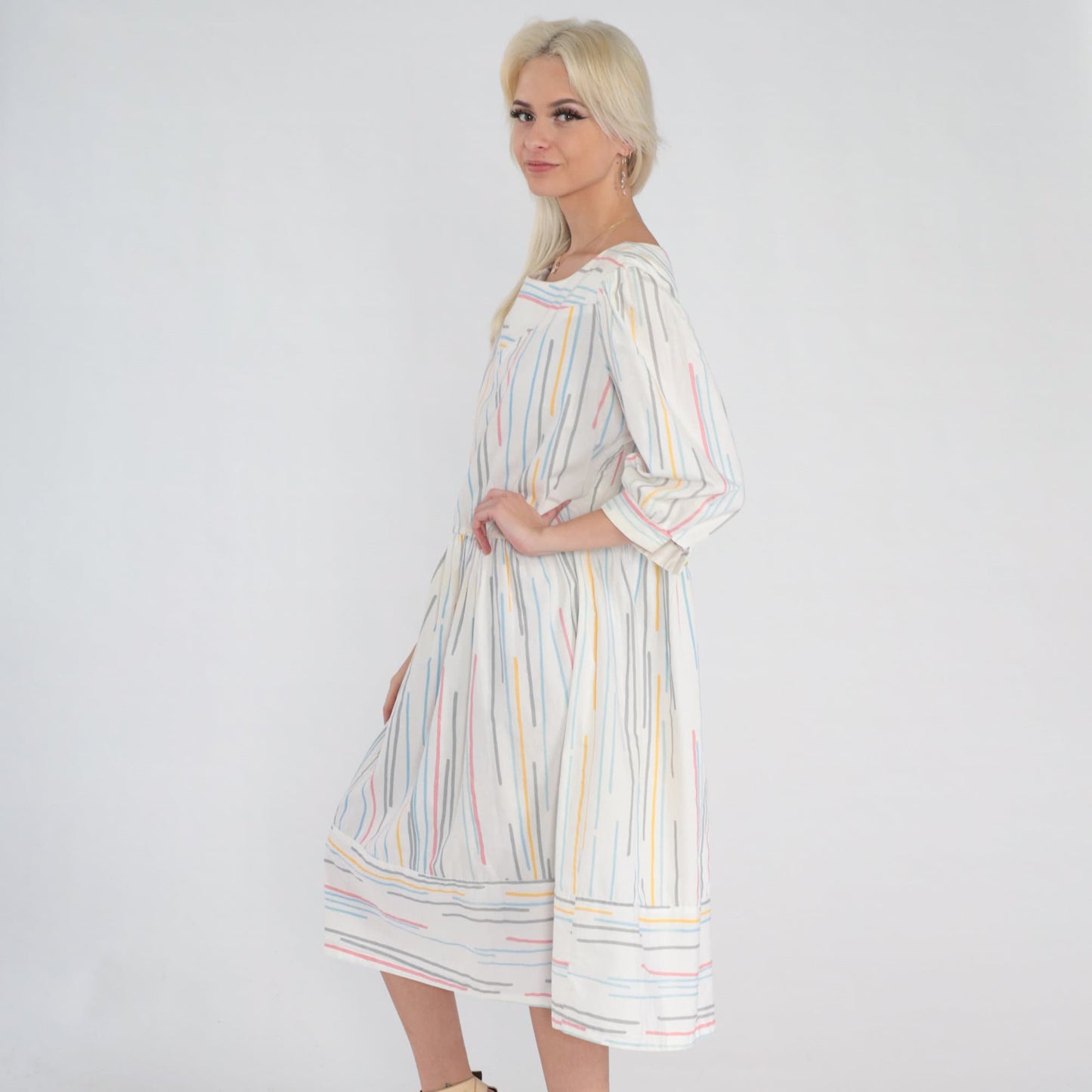 80s Striped Midi Dress Puff Sleeve White Multicolor High Waist Large L