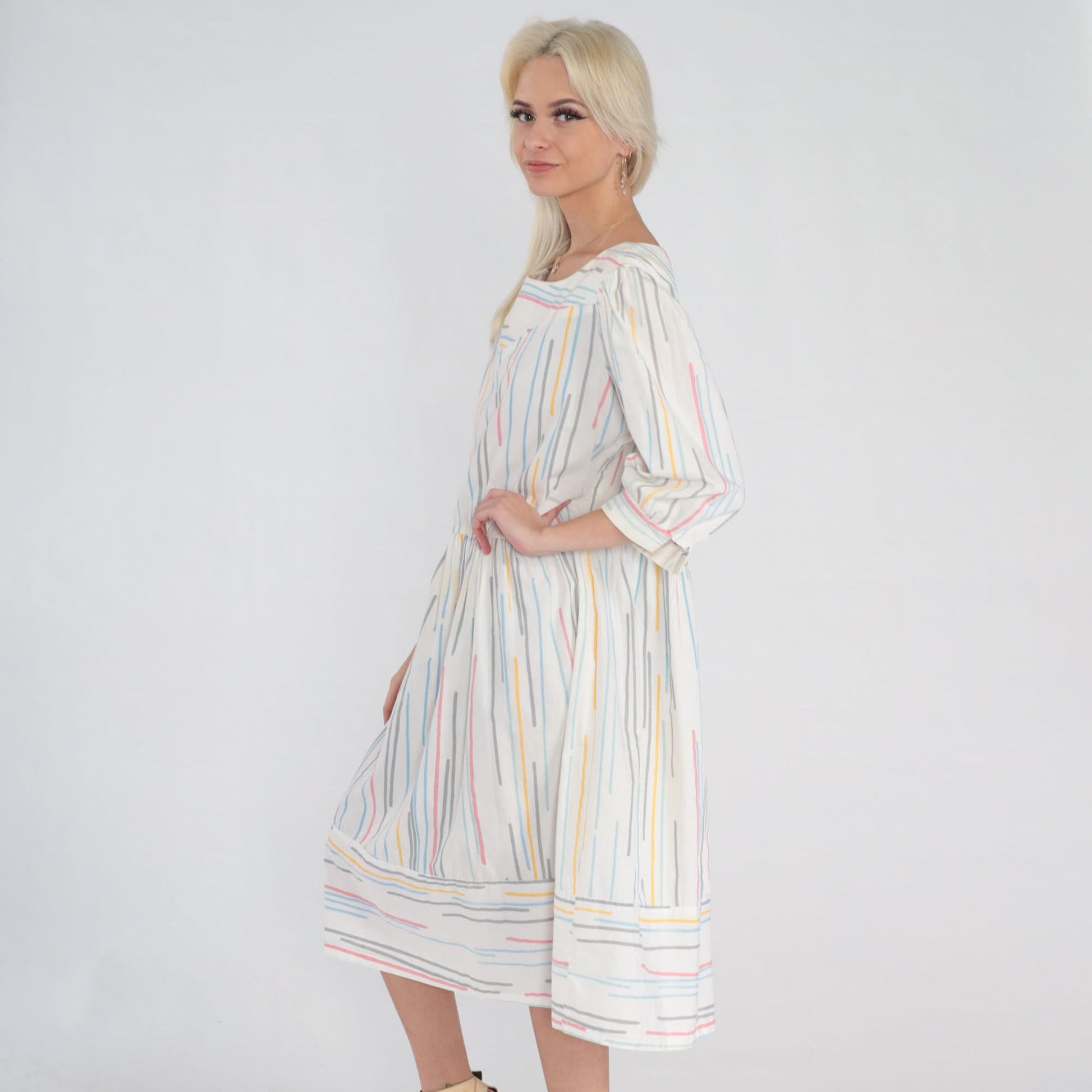 80s Striped Midi Dress Puff Sleeve White Multicolor High Waist Large L