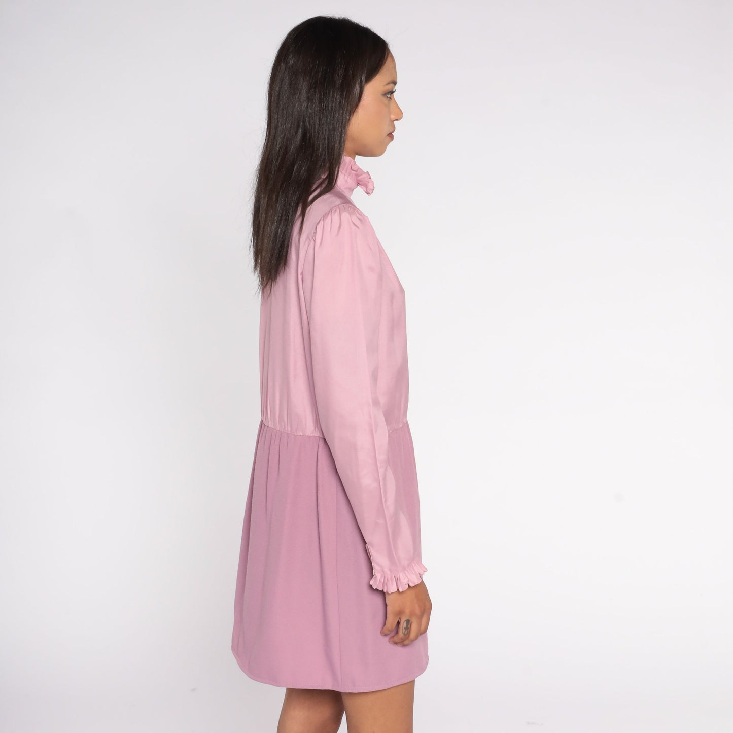 70s Pink Mini Dress Ruffle Collar Puff Sleeve High Waist Medium