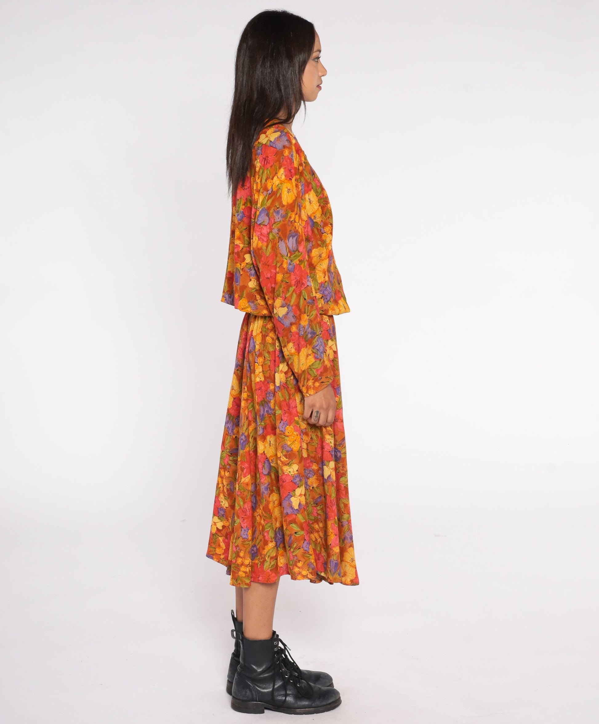 80s Burnt Orange Floral Blouson Maxi Dress Dolman Sleeve Button-Up Medium 8