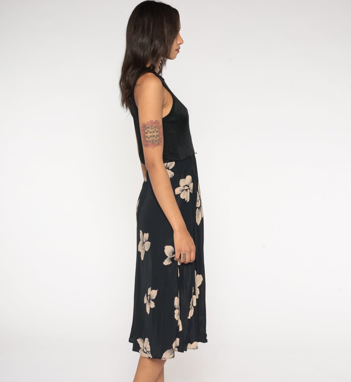 90s Black Floral Midi Dress Ribbed High Waist Sleeveless Small Medium