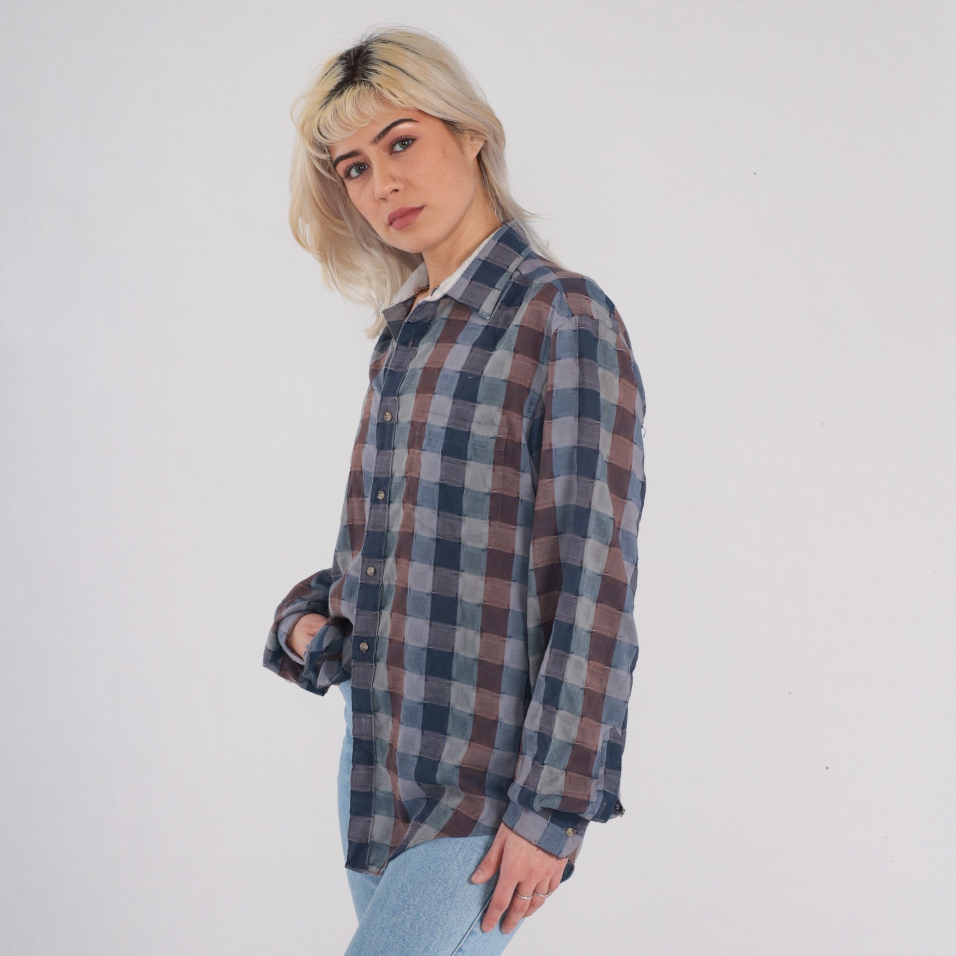 90s Grey Checkered Button-Up Shirt Long Sleeve Plaid Collared Small