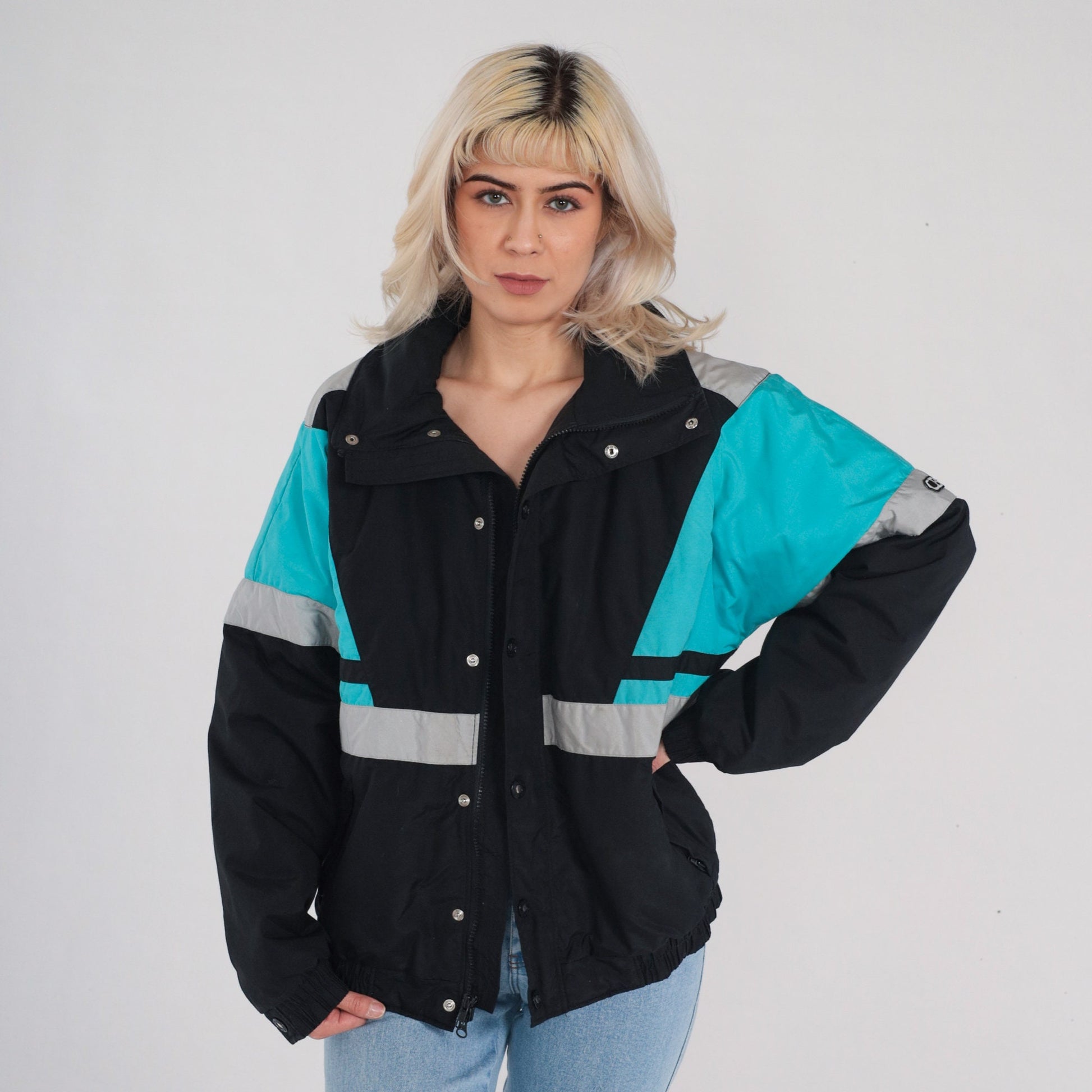 80s Thinsulate Puffer Jacket Black Blue Color Block Ski Coat Large