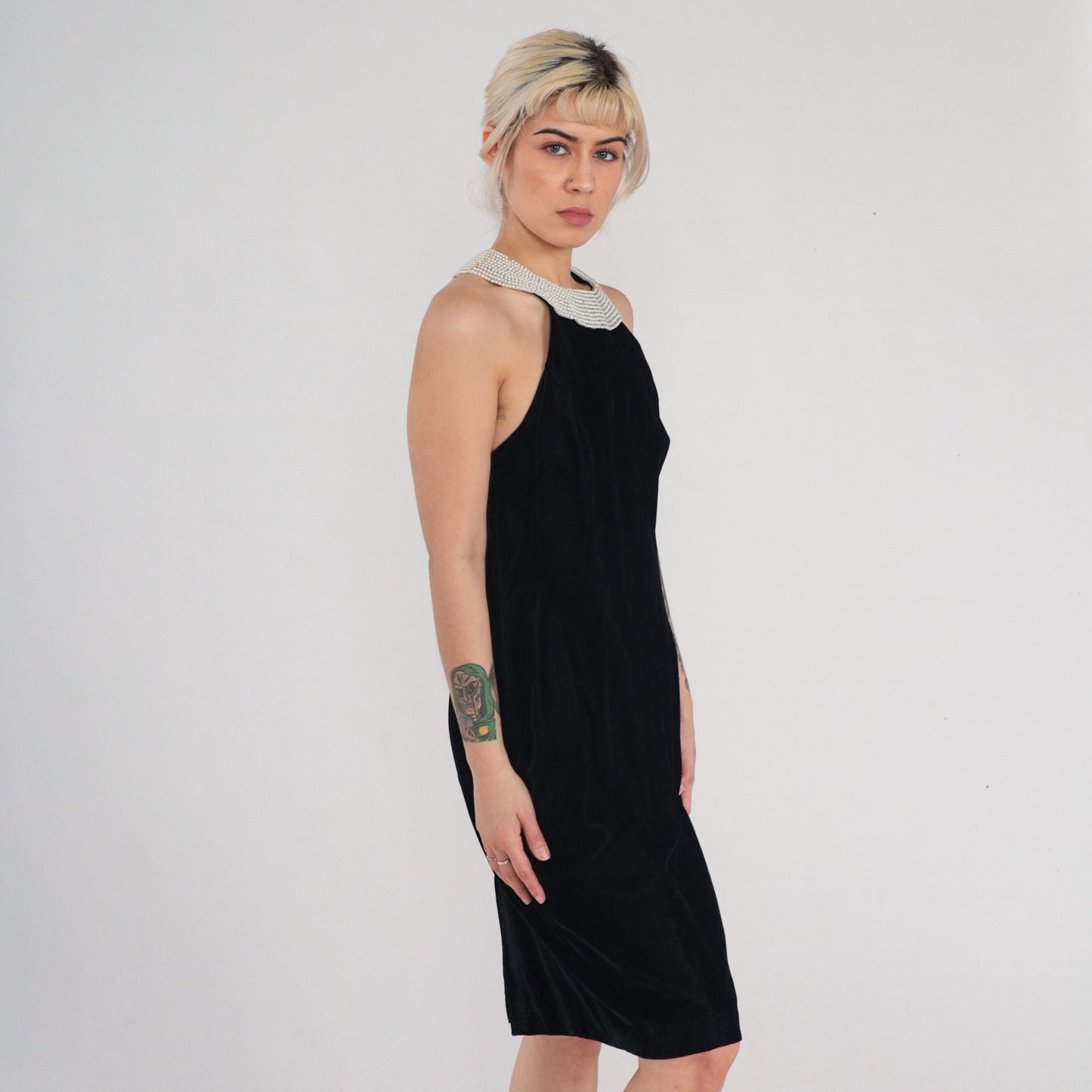 90s Black Velvet Mini Dress Pearl Beaded Sleeveless Sheath Small S