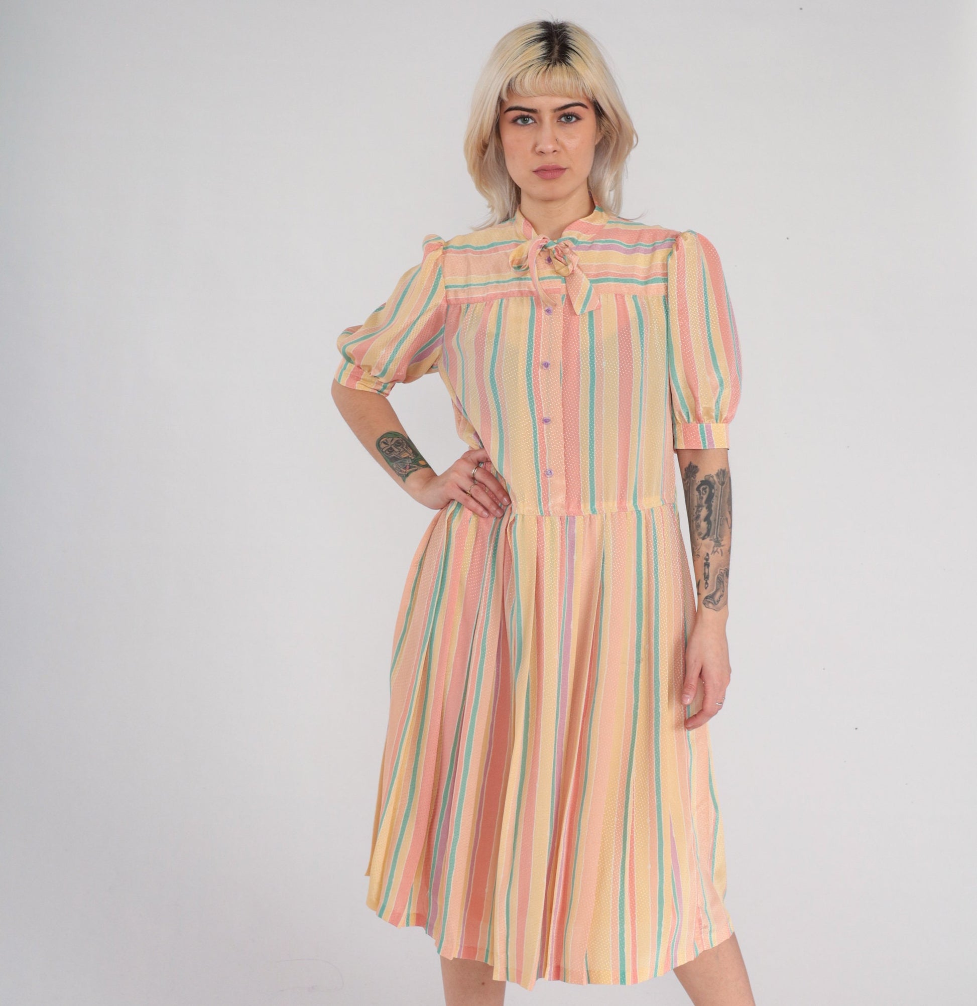 90s Striped Midi Dress Puff Sleeve Button-Up Necktie Bow High Waist Medium M