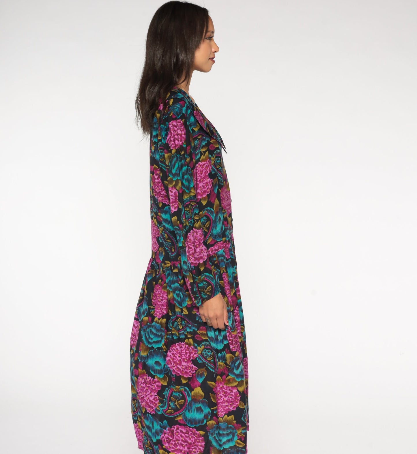 90s Paisley Floral Midi Dress Button-Up Low Waist Blue Purple Rayon Medium