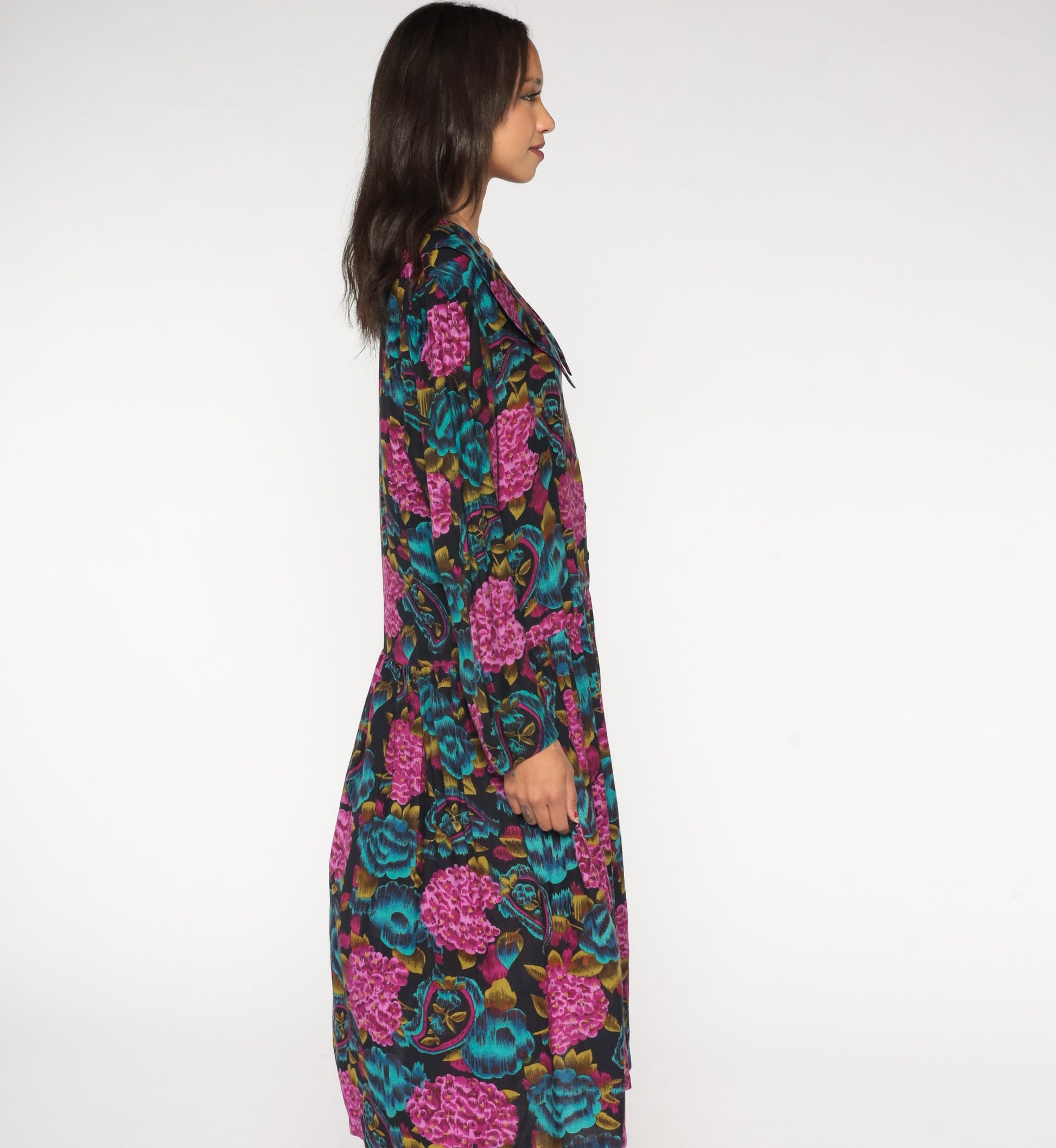 90s Paisley Floral Midi Dress Button-Up Low Waist Blue Purple Rayon Medium