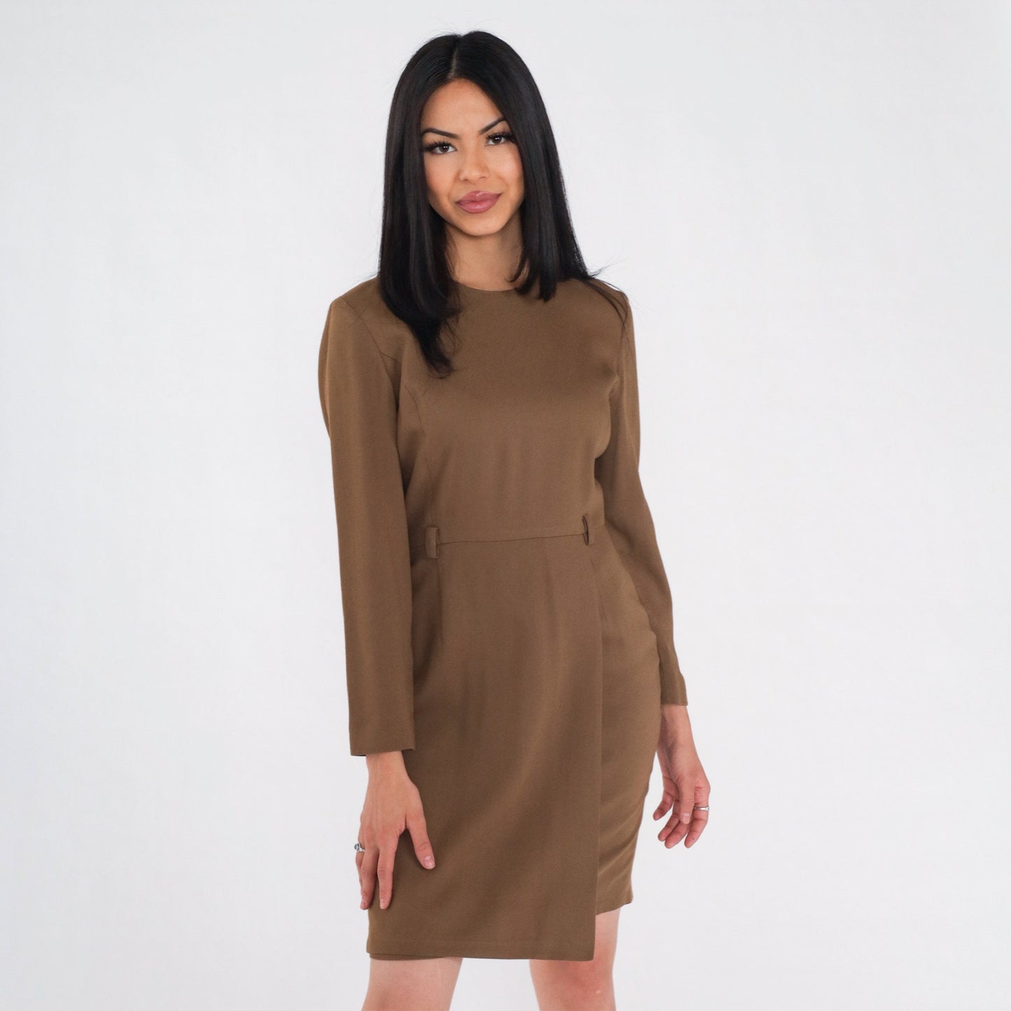90s Petite Sophisticate Brown Wool Blend Mini Sheath Dress Long Sleeve Extra Small XS