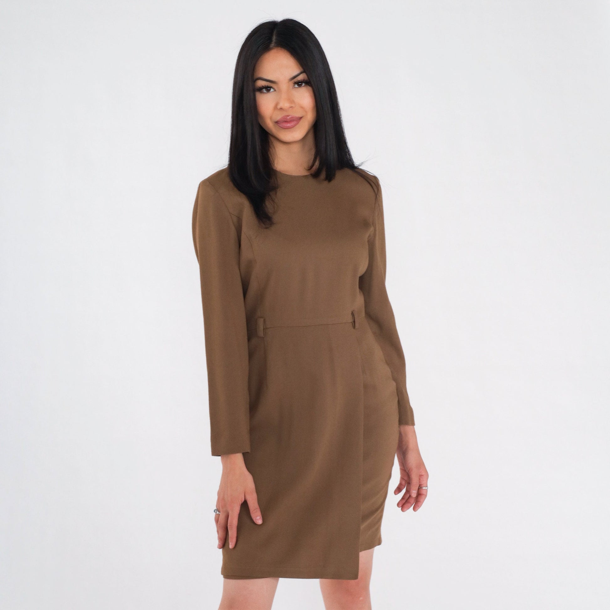 90s Petite Sophisticate Brown Wool Blend Mini Sheath Dress Long Sleeve Extra Small XS