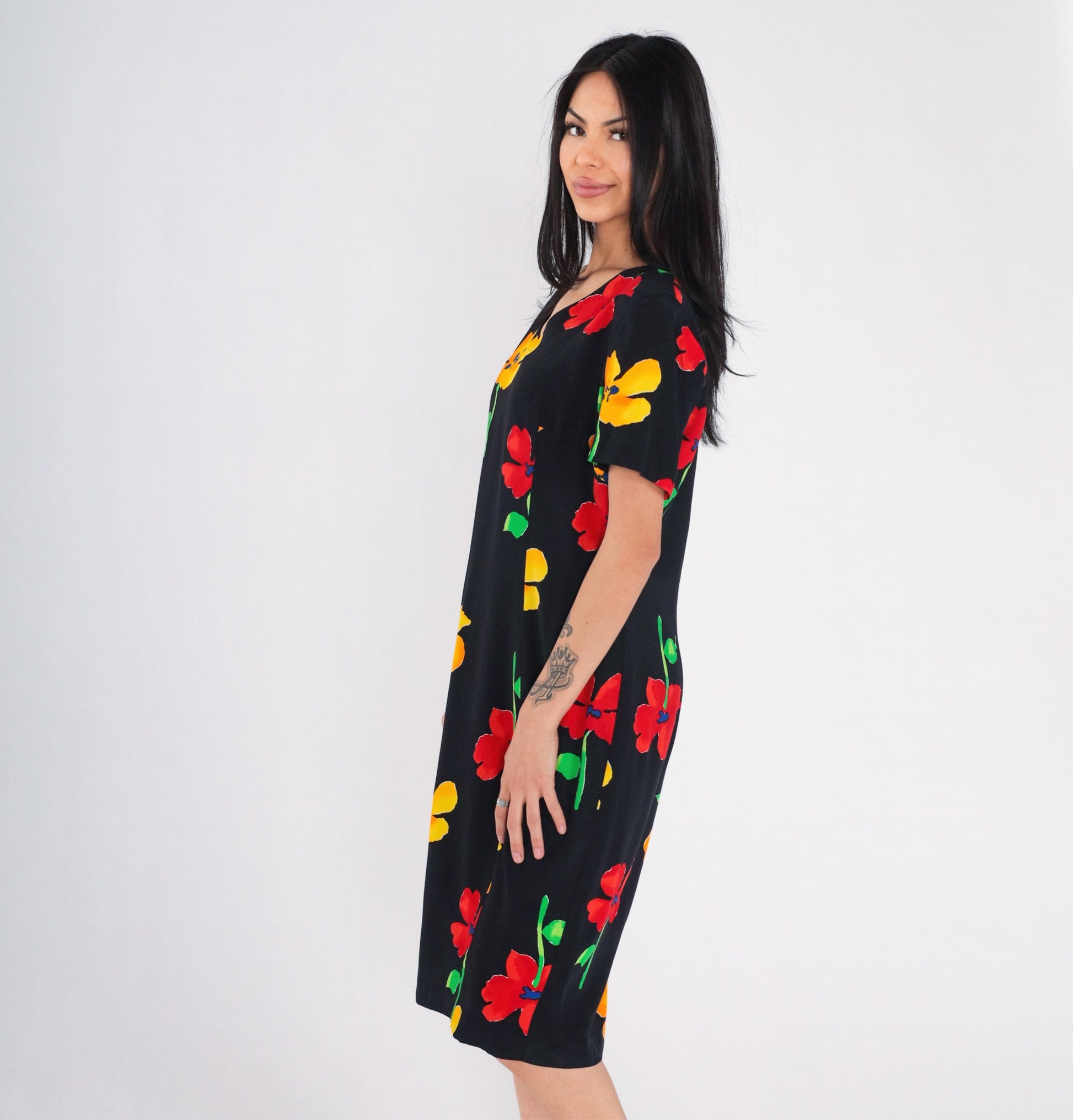 90s Black Poppy Floral Midi Dress Short Sleeve Knee Length Large