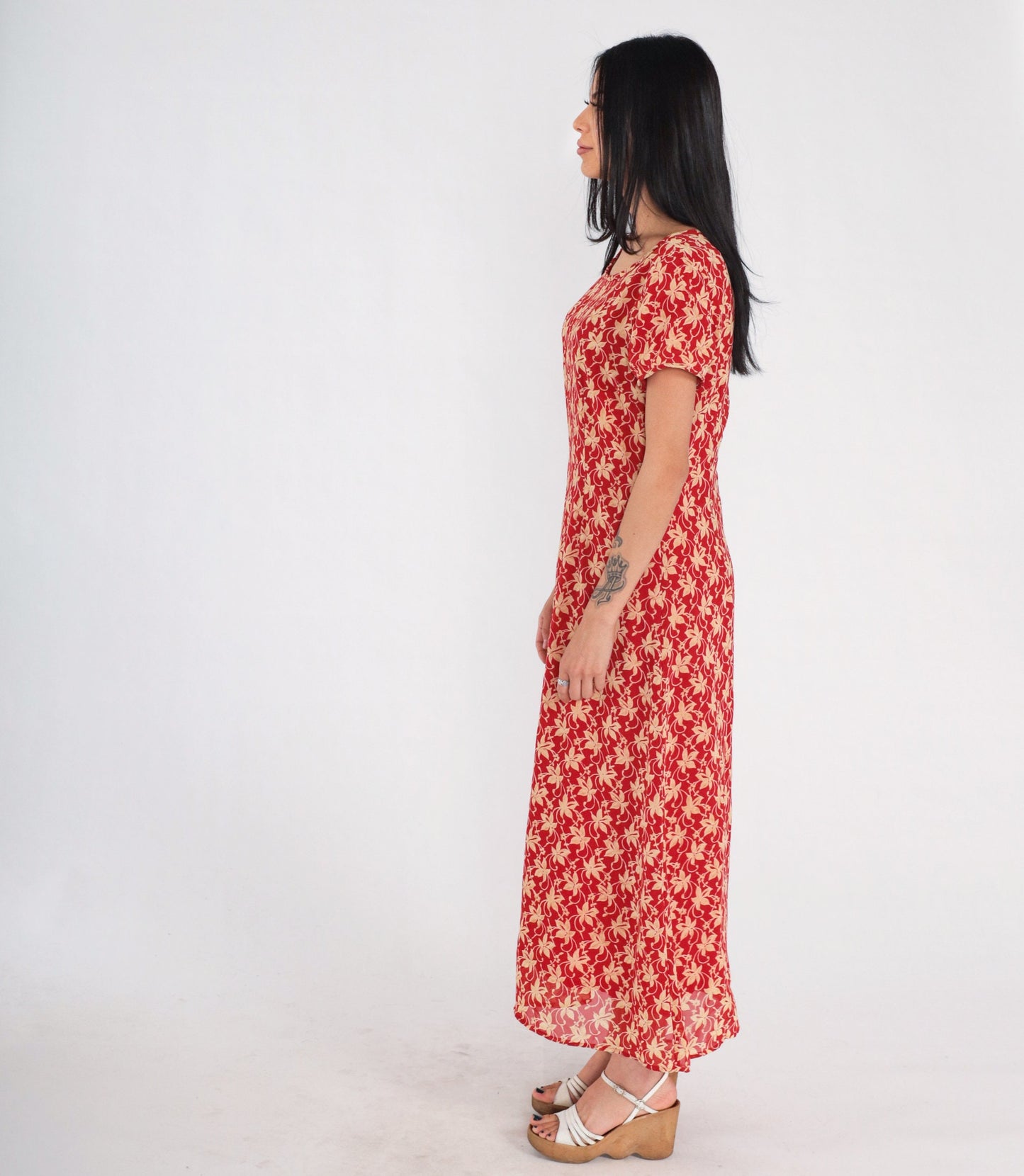 90s Red Floral Maxi Dress Short Sleeve Ankle Length Medium M