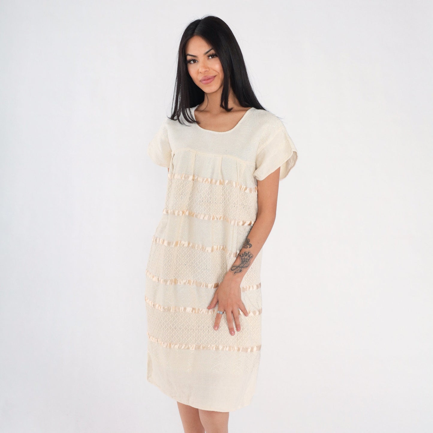 90s Cream Cotton Woven Midi Dress Cap Sleeve Tiered Medium Large